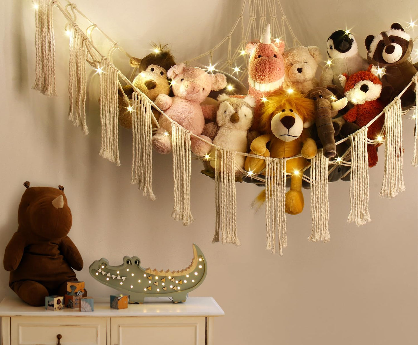 Stuffed Animal Hammock Corner with LED Light - Toy Storage Hammock Plushie Net Large - Cute Stuff Animals Holder Hanging Organizer - Baby Room Decor Kids Toddler Nursery Bedroom Boho