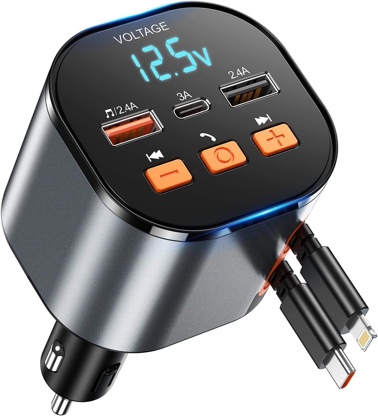 Retractable Car Charger 4 in 1, 【New-Gen Gan-Tech for Iphone Fast Charging】 Dual Cables for Lightning & USB C, USB C and USB Ports, Best Adapter Car Accessories for Iphone 16E, Men, Women