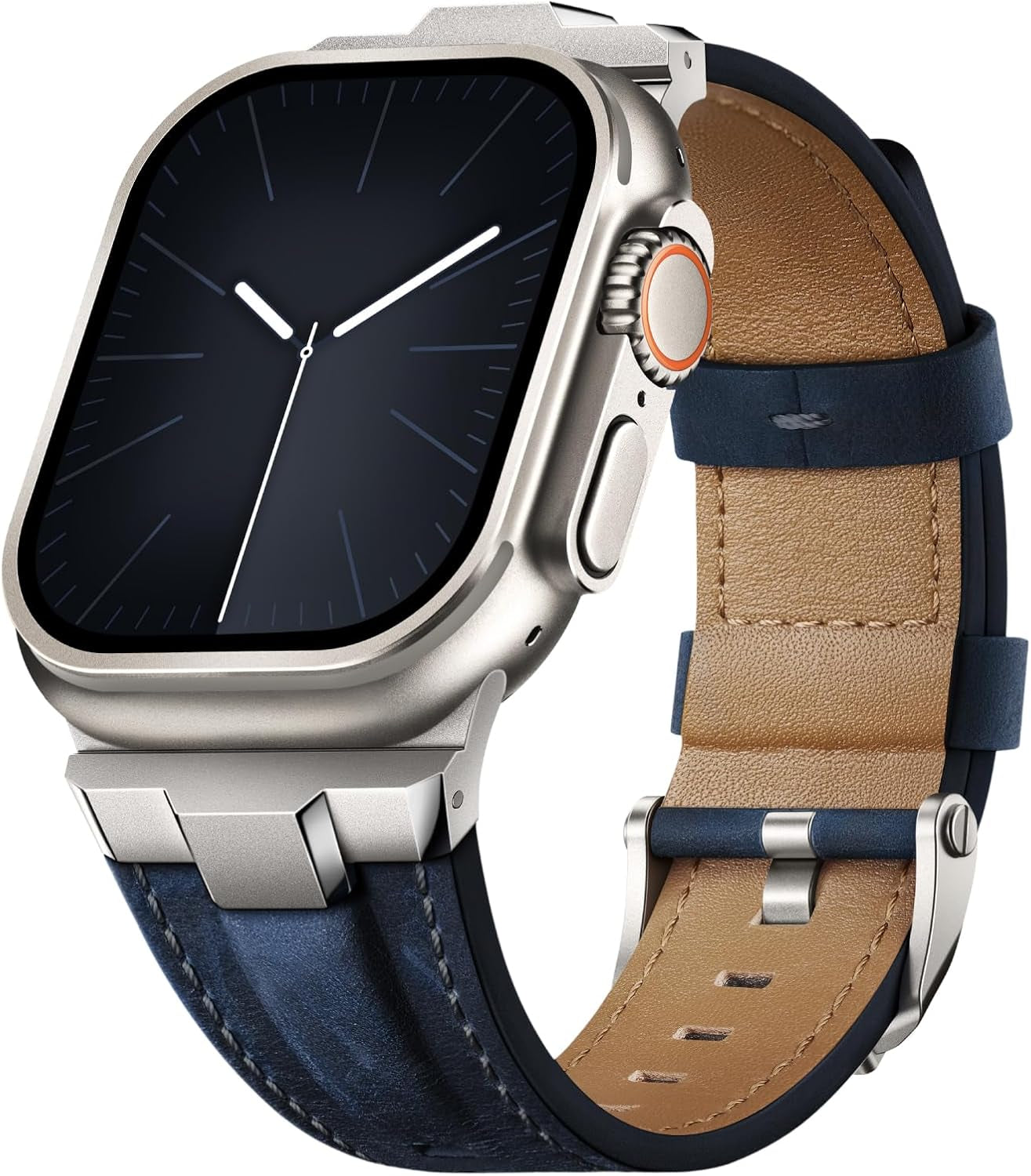 Leather Bands Compatible for Apple Watch Ultra Band 49Mm 46Mm 45Mm 44Mm 42Mm, Genuine Leather Rugged Durable Matel Connector Replacement Strap for Women Men Iwatch Ultra 10 9 8 7 6 5 4 3 SE