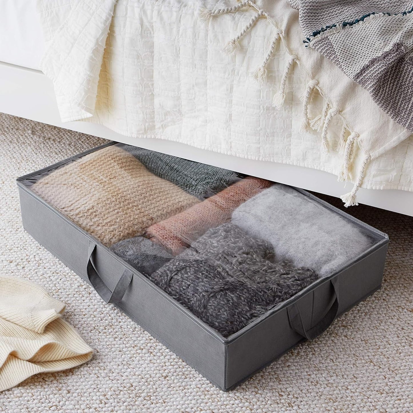 under Bed Fabric Zipper Blanket Storage Container Bags with Window and Handles, 2-Pack, 18 X 42 X 6 Inches, Gray