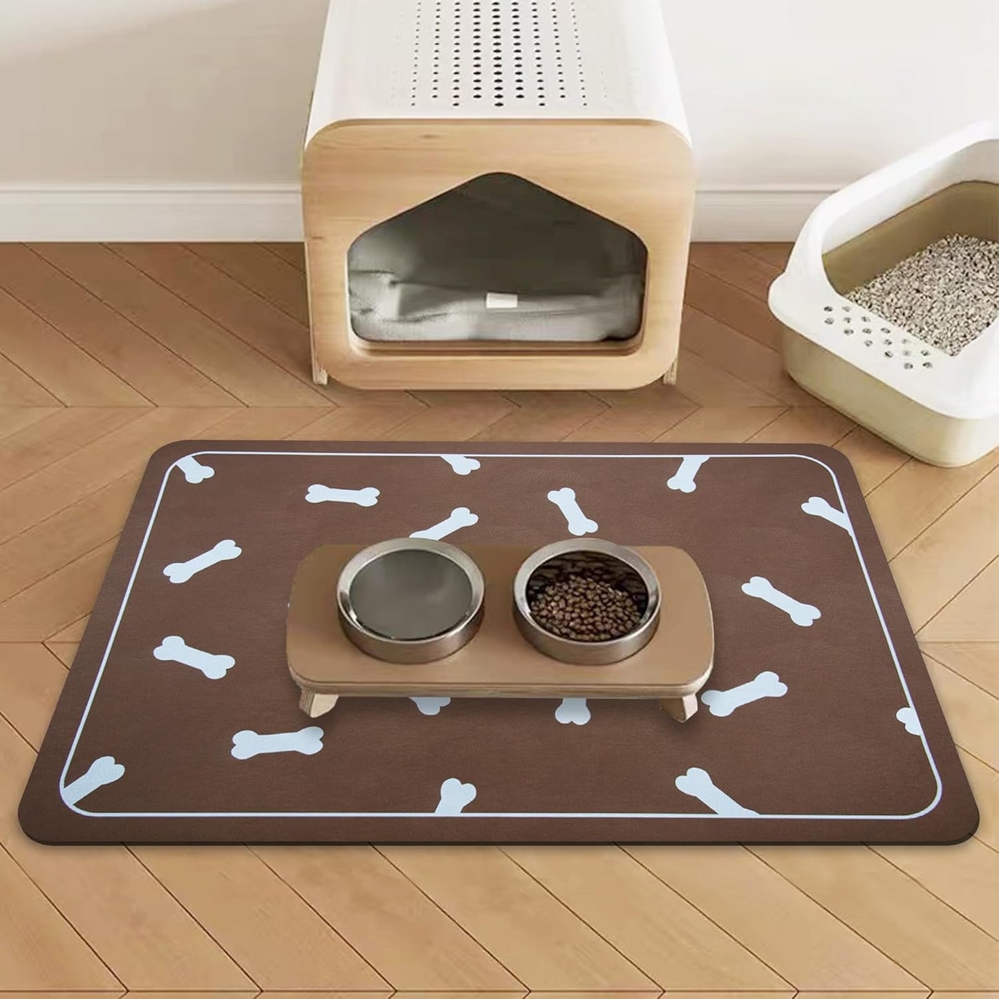 Dog Bowl Mat and Dog Feeding Mat, Dog Mat for Water Bowl, Absorbent Non-Slip Pet Water Bowl Mat Quick Drying Dog Food Mat Cat Matt for Food and Water(Brown+24.2X16.9In+Rectangular)