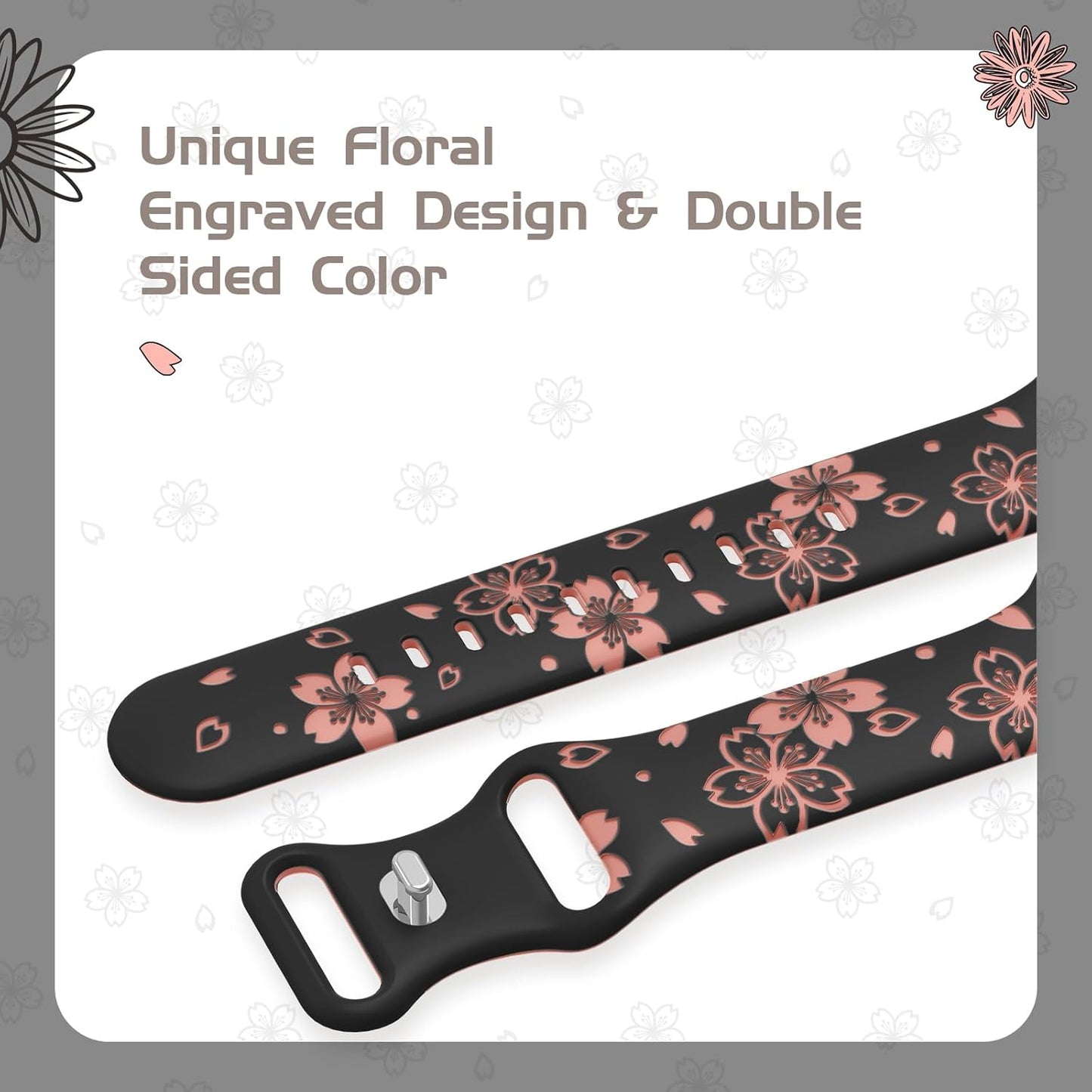 Designer Floral Engraved Band Compatible with Apple Watch Bands 40Mm 38Mm 41Mm 44/45/42Mm,Two-Tone Flower Soft Silicone Sport Strap for Iwatch Series 9 Ultra SE 8 7 6 5 4 3 2 Women Black