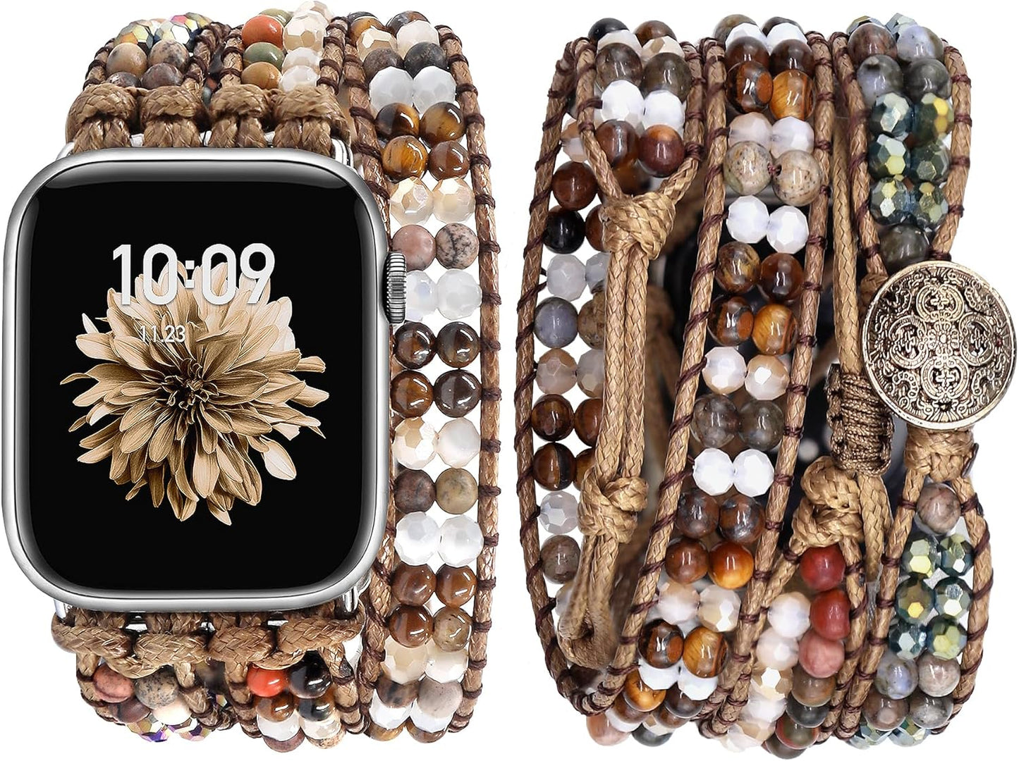 Elegant Slim Leather Bands Boho Beaded Watch Band Bundle Compatible with Apple Watch 38Mm 40Mm 41Mm 42Mm 44Mm 46Mm 45Mm 49Mm Women for Iwatch Series 10/9/8/7/6/5/4/3/2/1/Se/Ultra