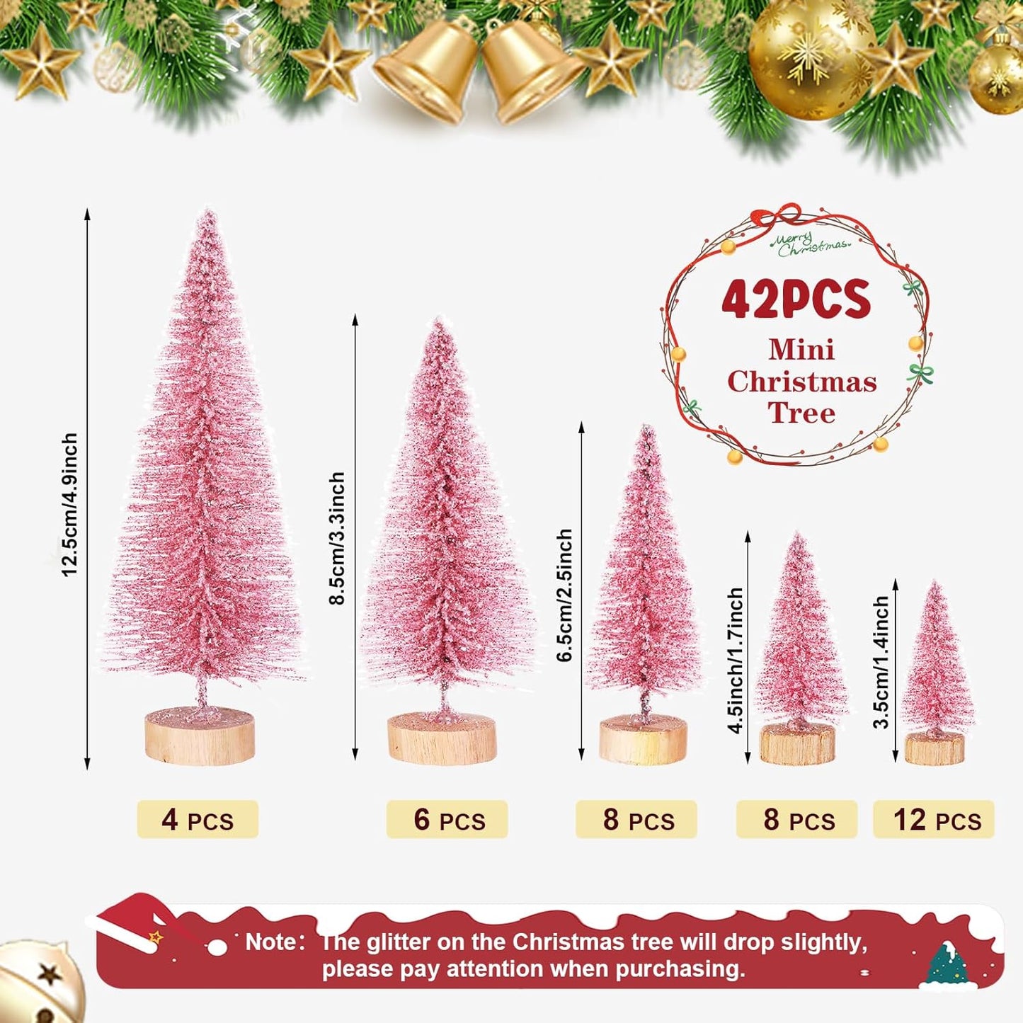 42 Pcs Christmas Tree DIY Bottle Brush Trees Pink Plastic Sisal Trees Miniature Snow Frost Fir with Wood Base for DIY Crafting,Displaying,Desktop Home Decoration Christmas Decoration,6 Styles