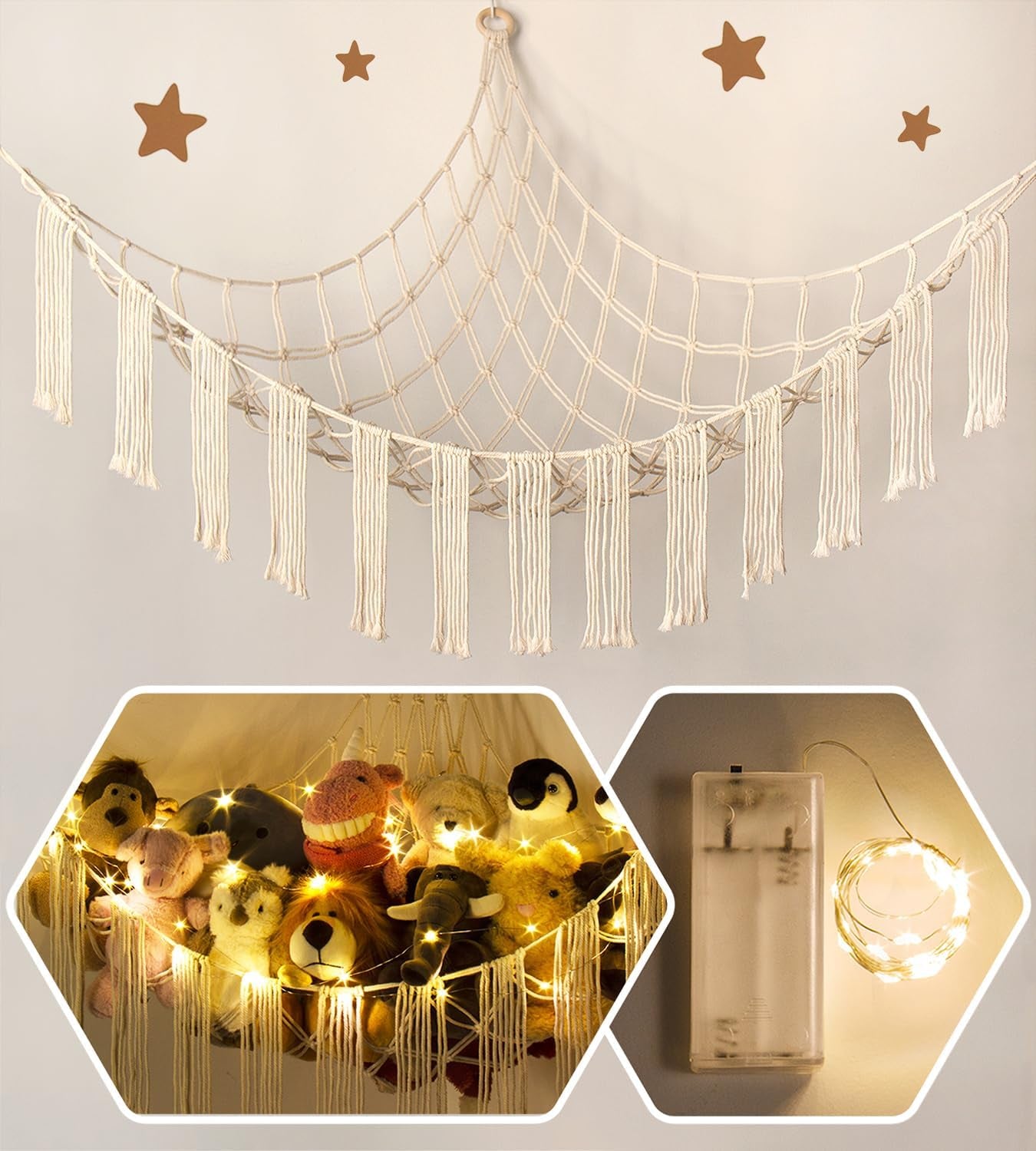 Stuffed Animal Hammock Corner with LED Light - Toy Storage Hammock Plushie Net Large - Cute Stuff Animals Holder Hanging Organizer - Baby Room Decor Kids Toddler Nursery Bedroom Boho