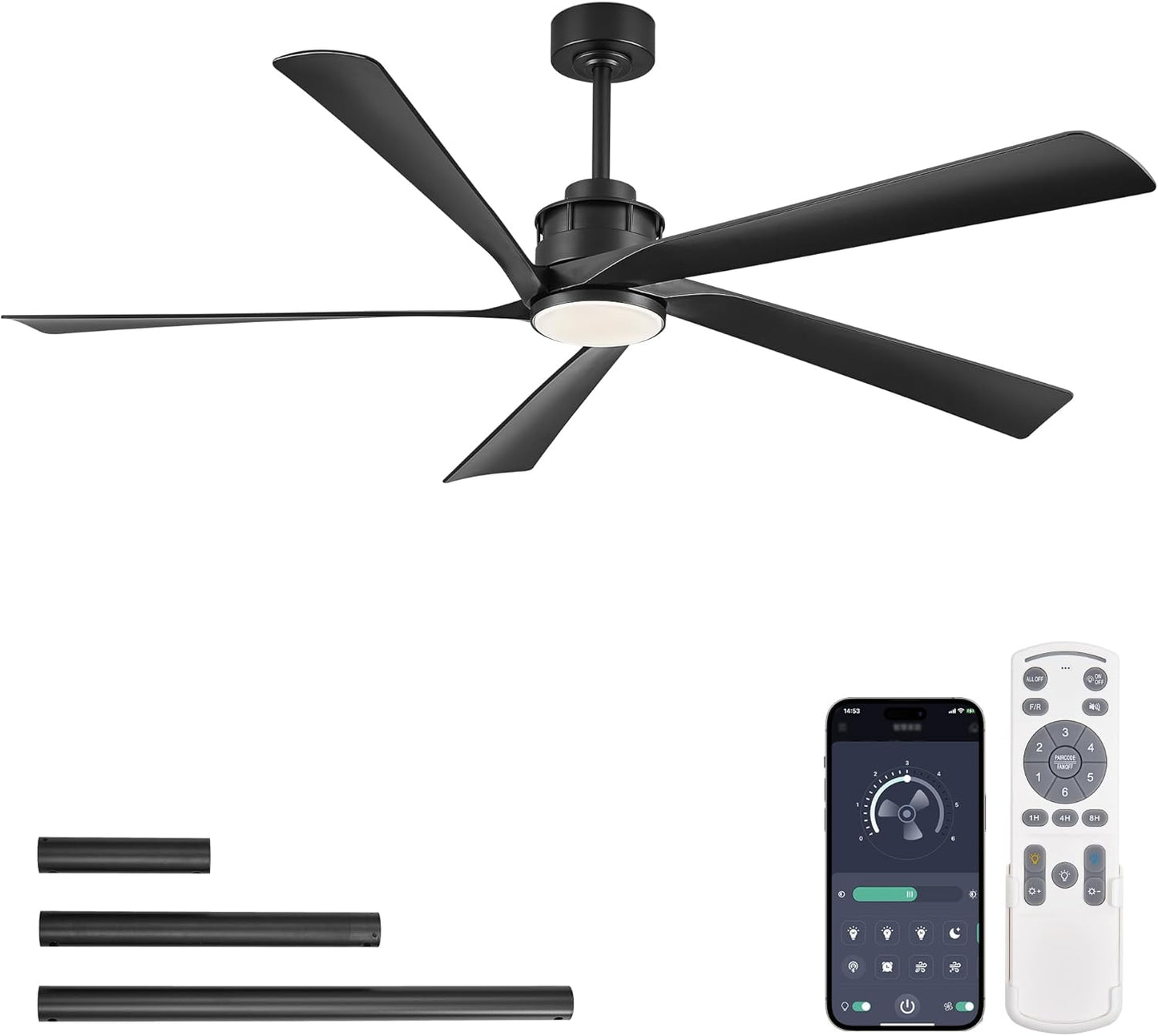 64 Inch Ceiling Fans with Lights and Remote,Smart Ceiling Fan with APP Control,Reversible DC Motor,Dimmable,5 ABS Blades,Black Indoor/Outdoor Modern Low Profile Ceiling Fan with Light