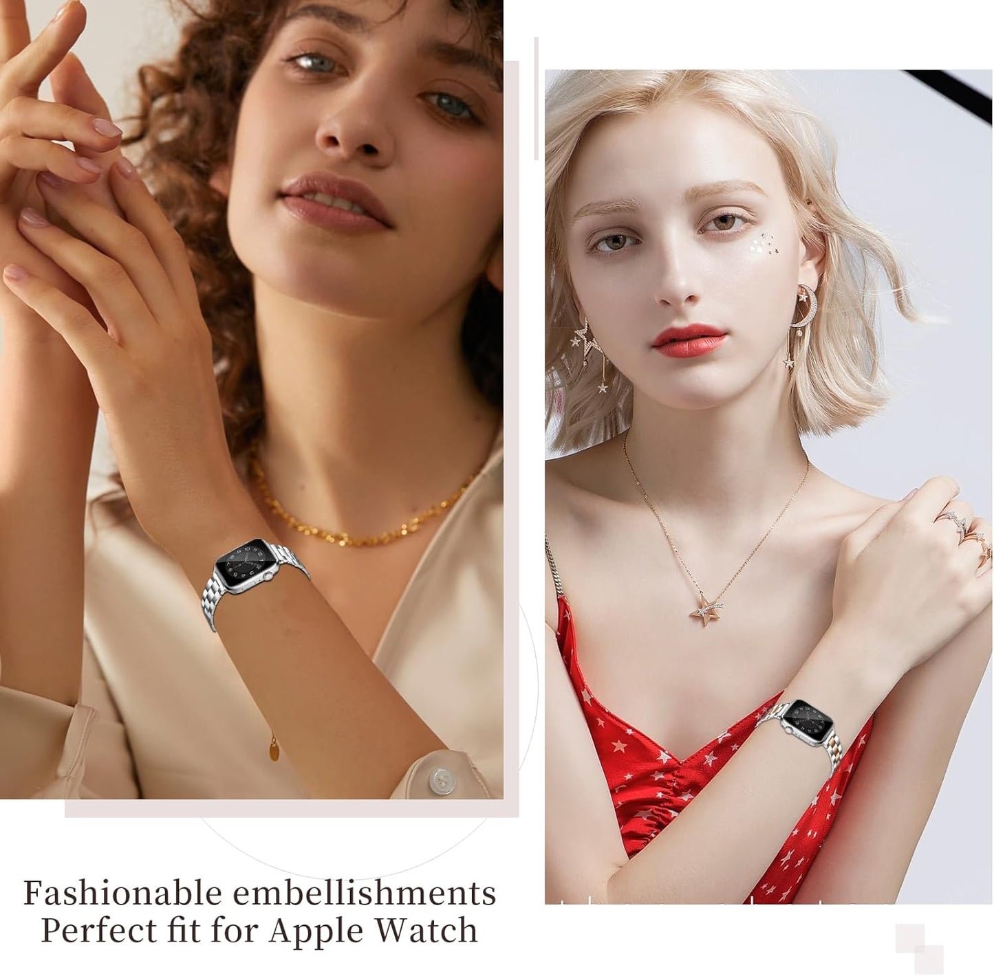 Thin Metal Bands Compatible with Apple Watch Band 38Mm 40Mm 41Mm 42Mm 44Mm 45Mm 46Mm 49Mm, Slim Stainless Steel Wristband Strap for Iwatch Ultra SE Series 10 9 8 7 6 5 4 3 2 1-Silver+Silver-Rosegold