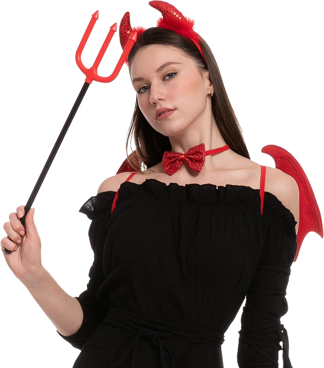 5 Pieces Halloween Devil Costume Set with Red Devil Wings, Devil Pitchfork, Bow Tie, Sequin Devil Horn Headband, and Devil Tail Demon Costume Accessories for Cosplay Party