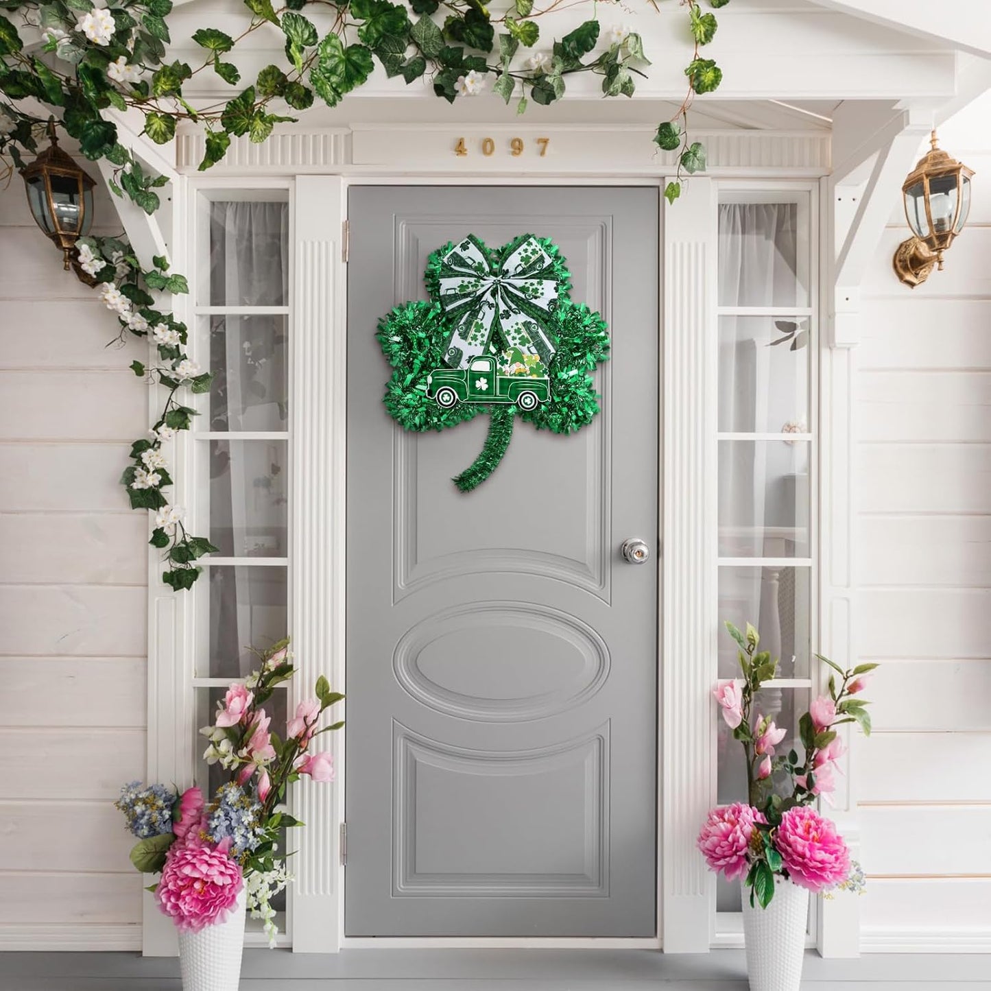 2 Pcs Valentine'S Day Heart Wreaths Decorations St. Patrick'S Lucky Shamrocks Door Wreath Heart Shaped Irish Clover Decor with Wooden Truck and Bow for Valentines Irish Front Door Wall Decor