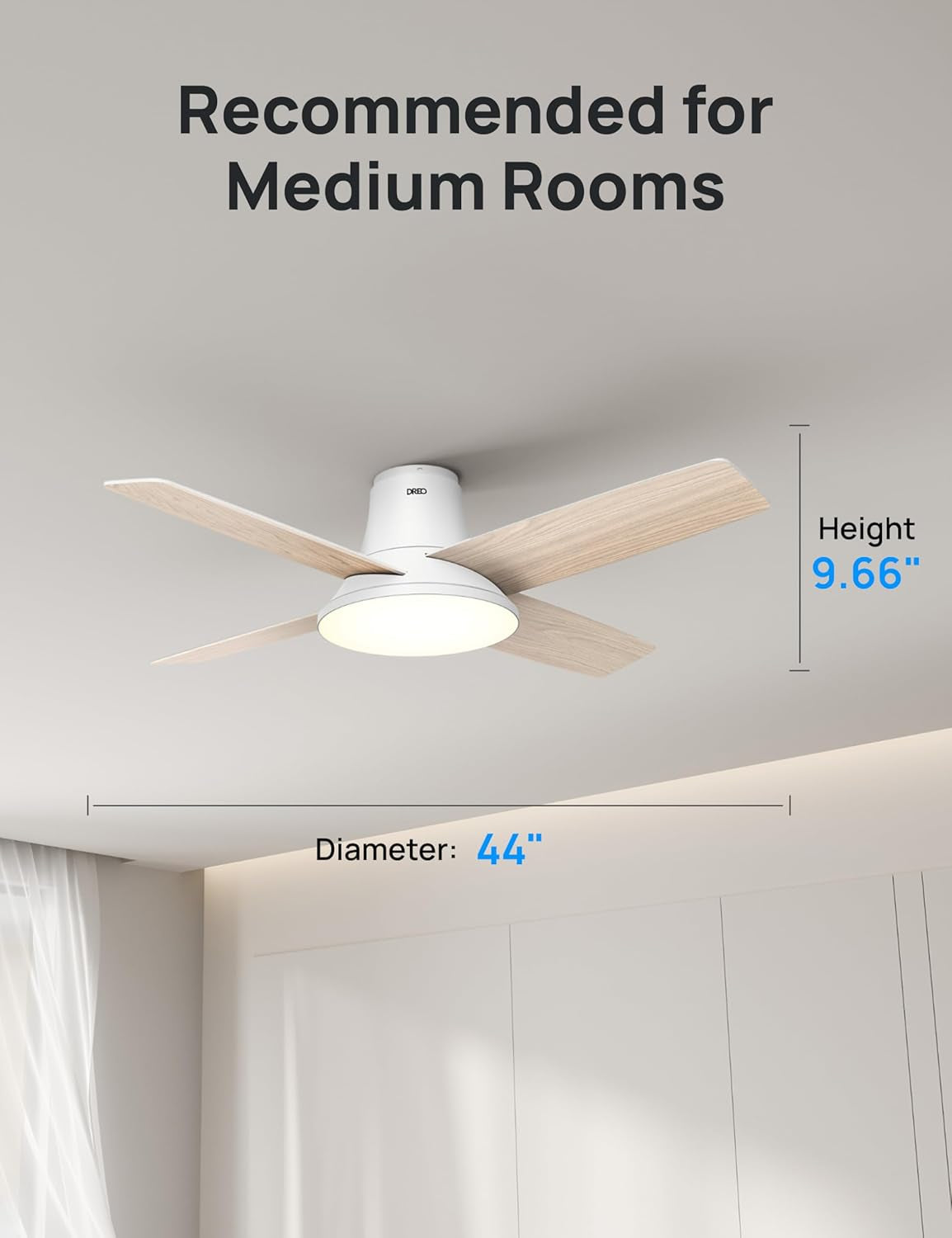 Smart Ceiling Fans with Lights and Remote, 12 Speeds & 3 Fan Modes, Quiet DC Motor, Easy to Install, Dimmable LED Ceiling Fans with App/Alexa Control, 12H Timer for Home, Indoor, White, 44''