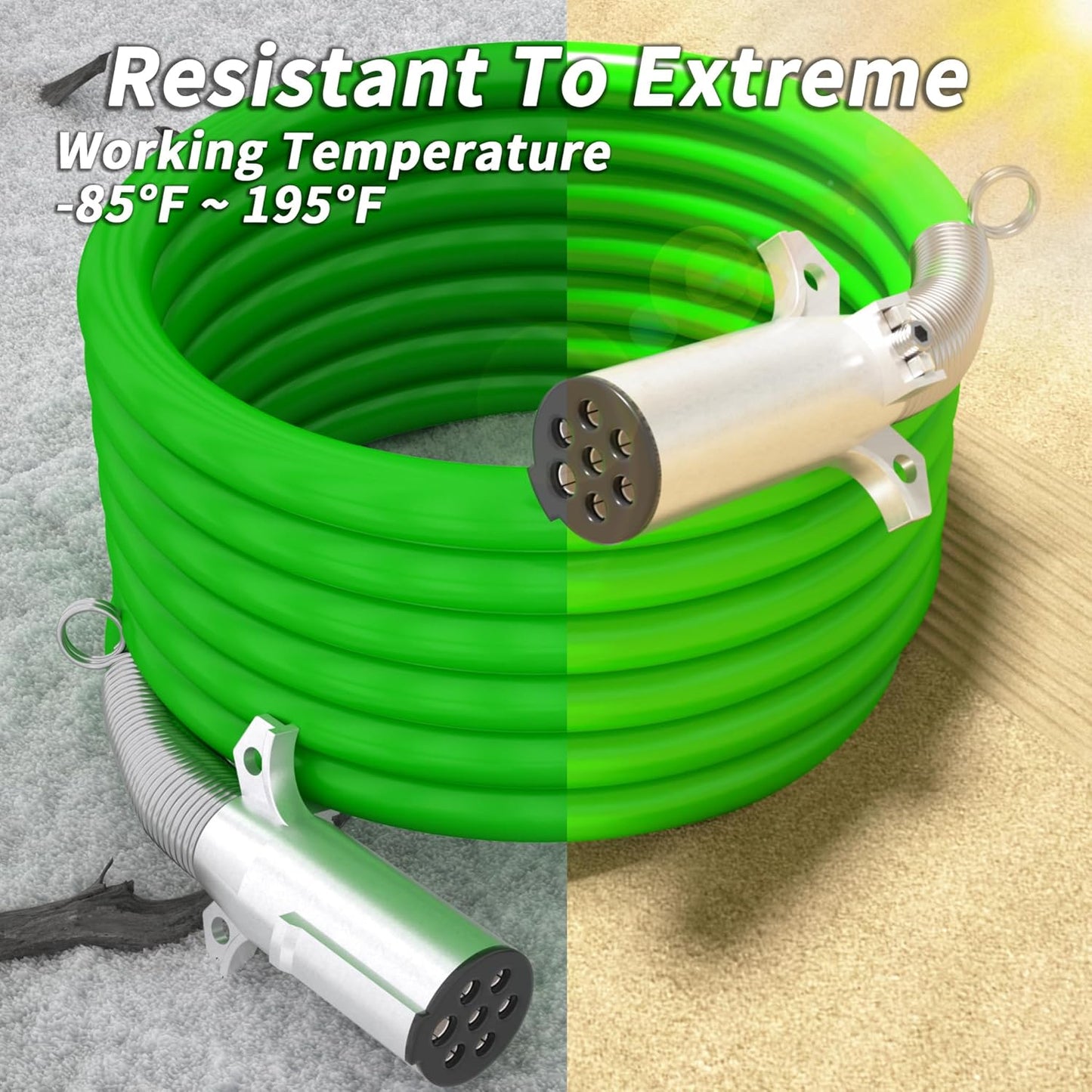 7 Way Trailer Cord 12 FT ABS Heavey Duty, Flexible -85°F Cold Resistance Straight Electrical Power Cable Green for Semi Trailers Trucks Tractors, 4/12+2/10+1/8 Gauge Wire Cable