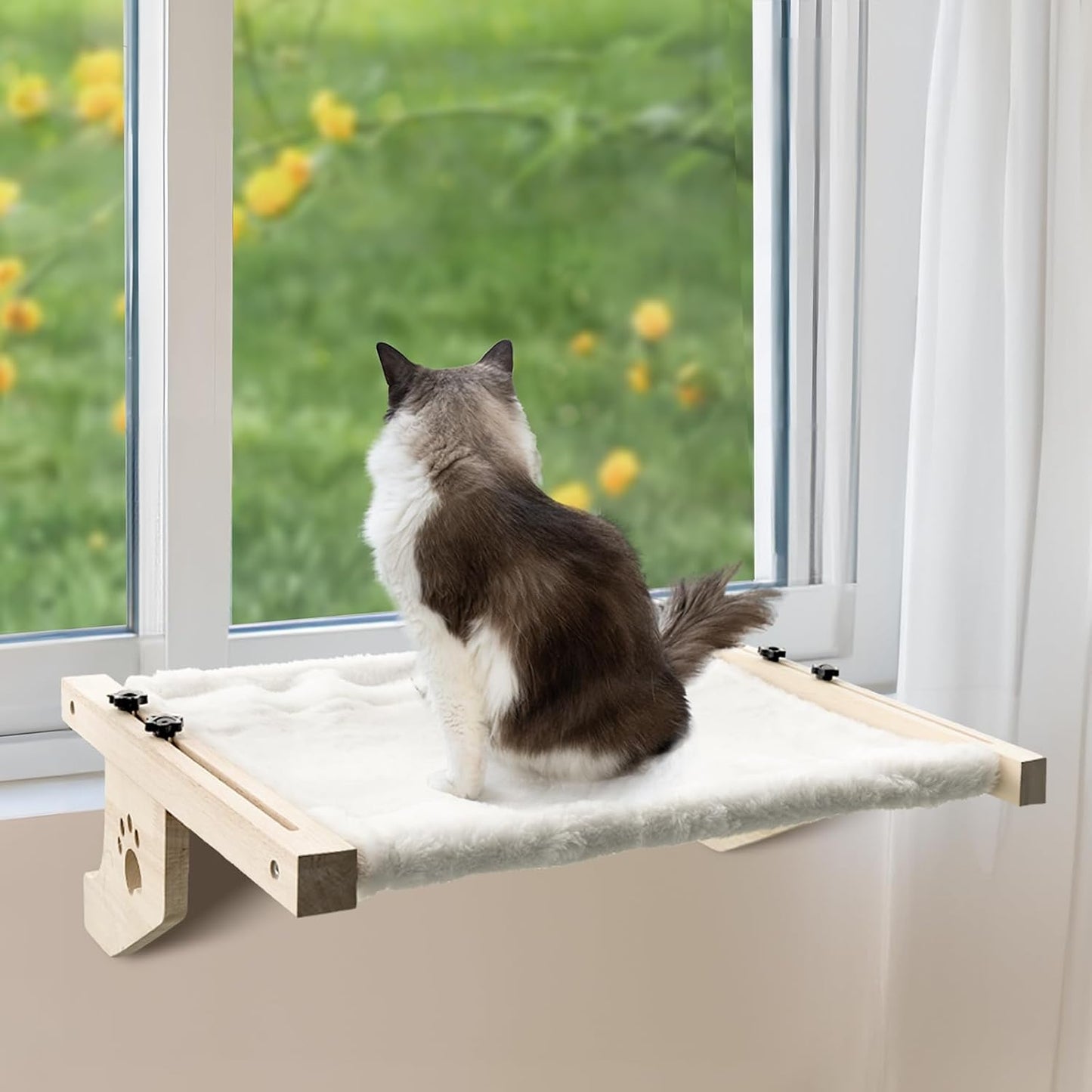 21.7'' Cat Window Perch Bed, Sturdy & Durable Window Hammock for Cats with Ledges, Wooden Cat Window Perch for Indoor Cats Easy to Assemble for Windowsill, Bedside and More (White Plush)