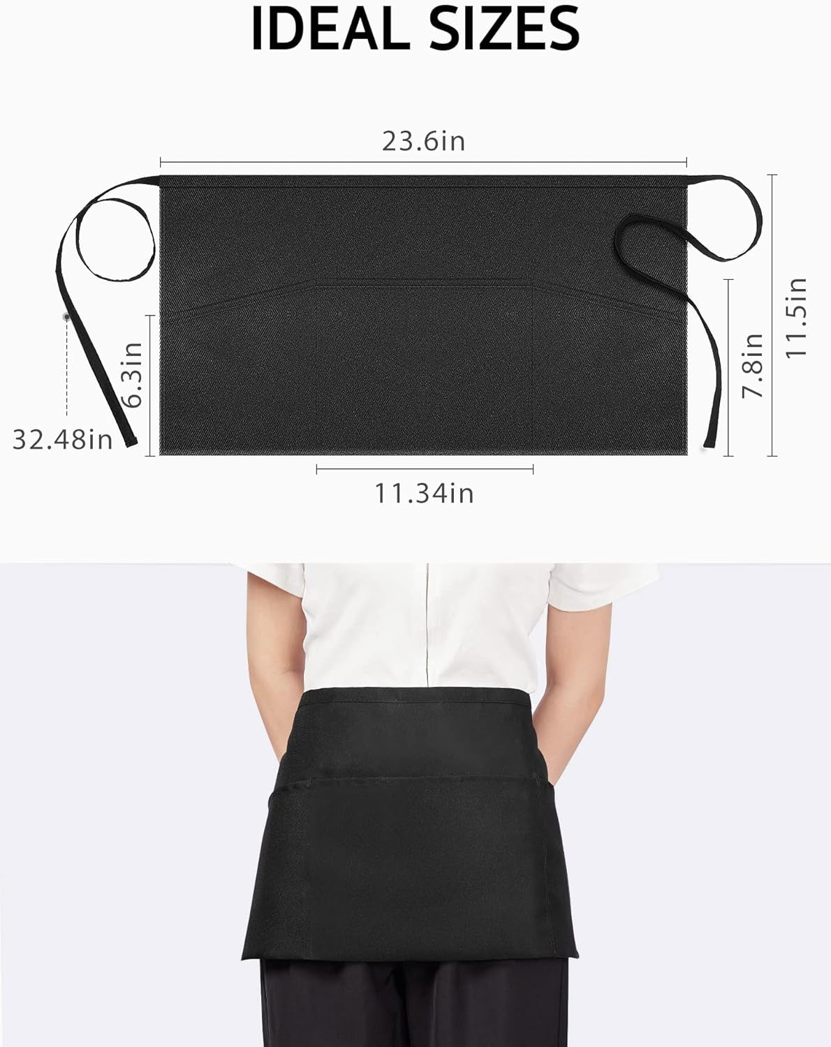 3 Pack Server Aprons with 3 Pockets, Waterdrop Resistant Waitress Waiter Waist Apron, 11.5-Inch Black