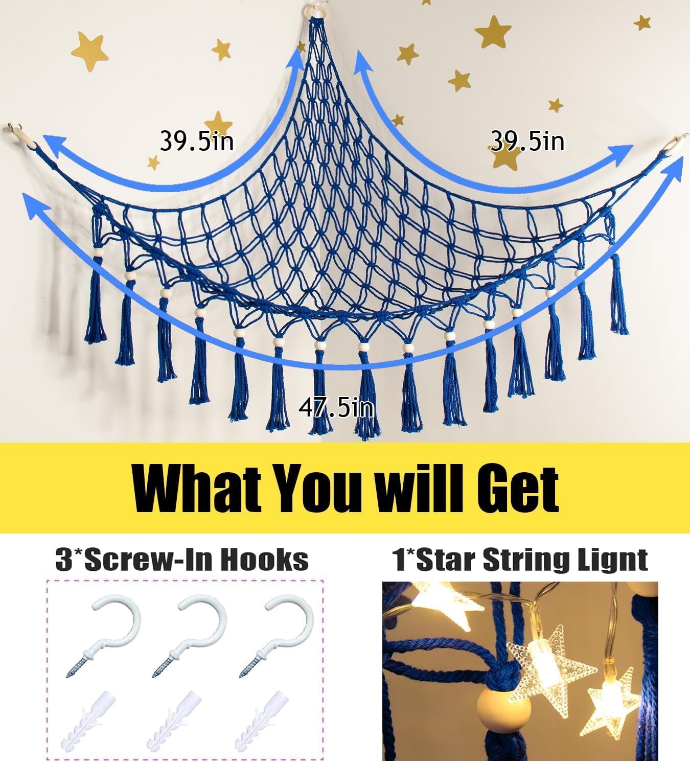 Stuffed Animal Toy Storage Hammock with LED Light-Macrame Jumbo Doll Room Organizer Mesh Decoration-Hanging Storage Nets Kids Bedroom(Blue Beads)