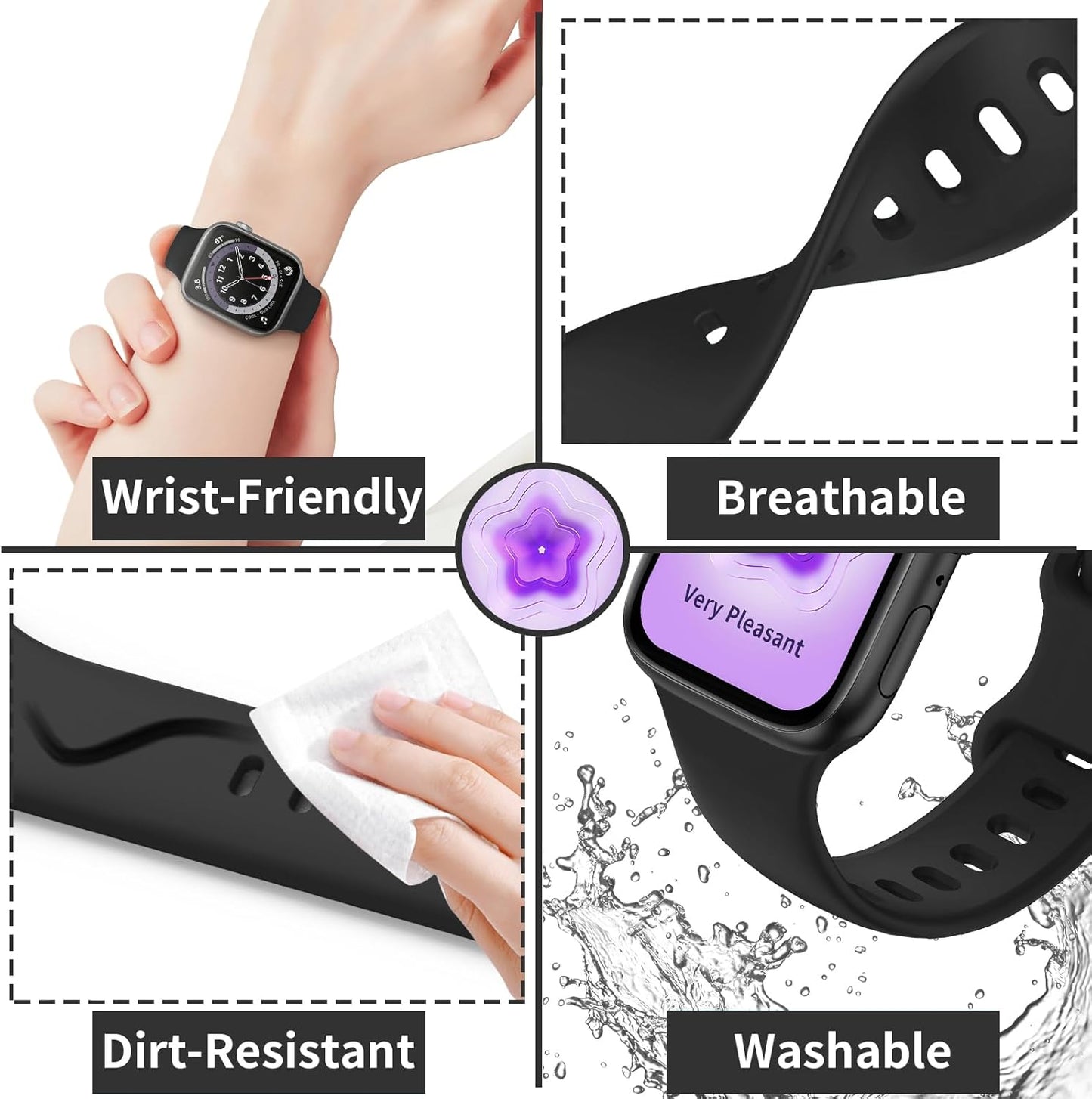 Sport Silicone Band Compatible with Apple Watch Bands 40Mm 38Mm 41Mm 44Mm 45Mm 49Mm 42Mm Women Men, Soft Strap Replacement Waterproof Wristband for Iwatch Series 9 Ultra 8 7 SE 6 5 4 3 2 Black