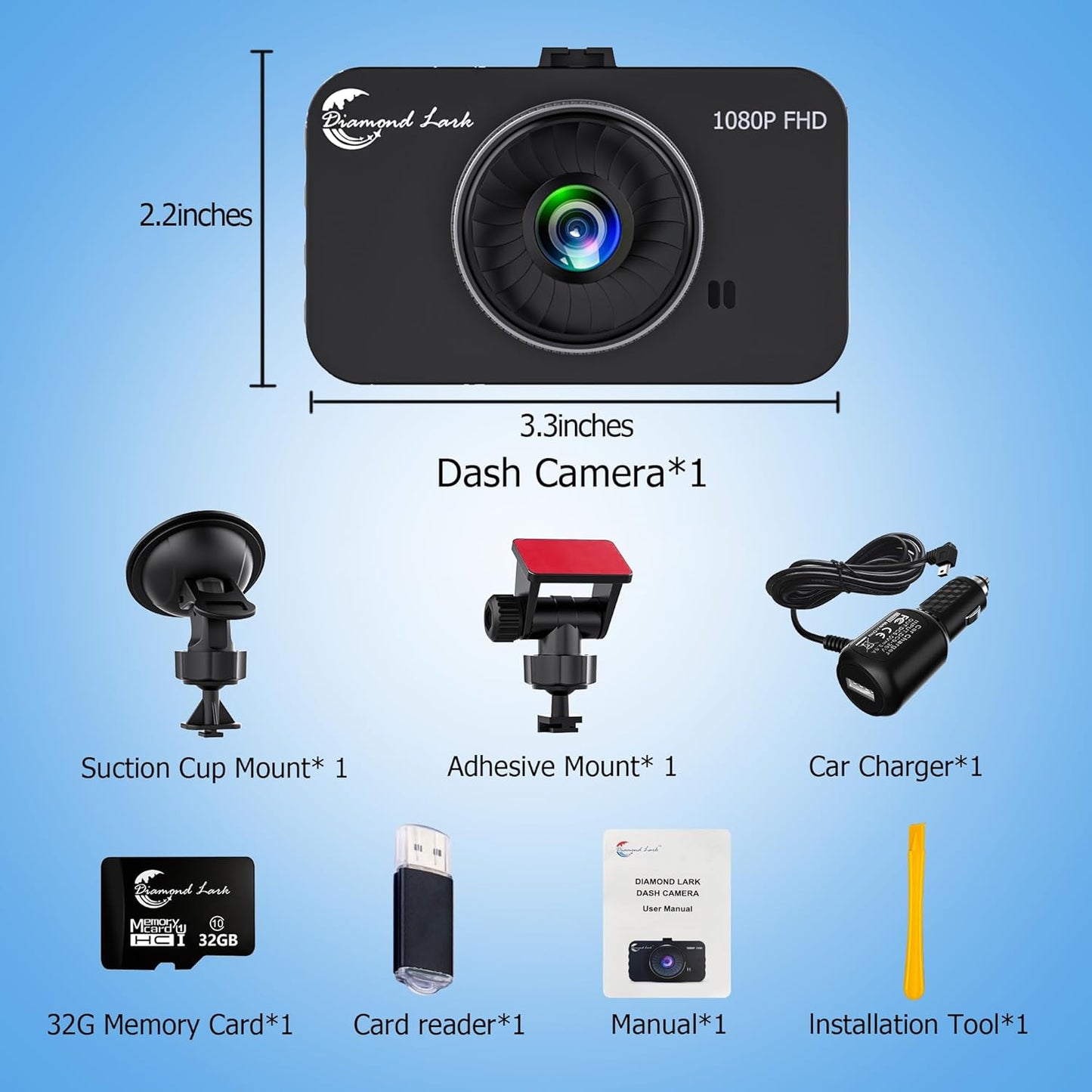 1080P Full HD Dash Camera for Cars, Dash Cam Front with 32G SD Card, 3”LCD Screen, 170°Wide Angle, Dashboard Dashcam with Loop Recording, HDR, Night Vision, G-Sensor, Parking Monitor