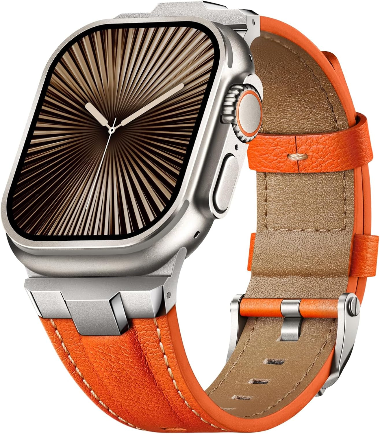 Leather Bands Compatible for Apple Watch Ultra Band 49Mm 46Mm 45Mm 44Mm 42Mm, Genuine Leather Rugged Durable Matel Connector Replacement Strap for Women Men Iwatch Ultra 10 9 8 7 6 5 4 3 SE