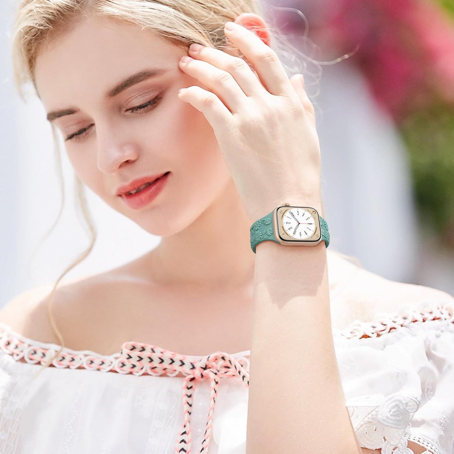 2 Pack Floral Engraved Apple Watch Bands, Soft Silicone Embossed Cute Flower Sport Strap for Iwatch Bands Series 9/8/7/SE/6/5/4/3/2/1