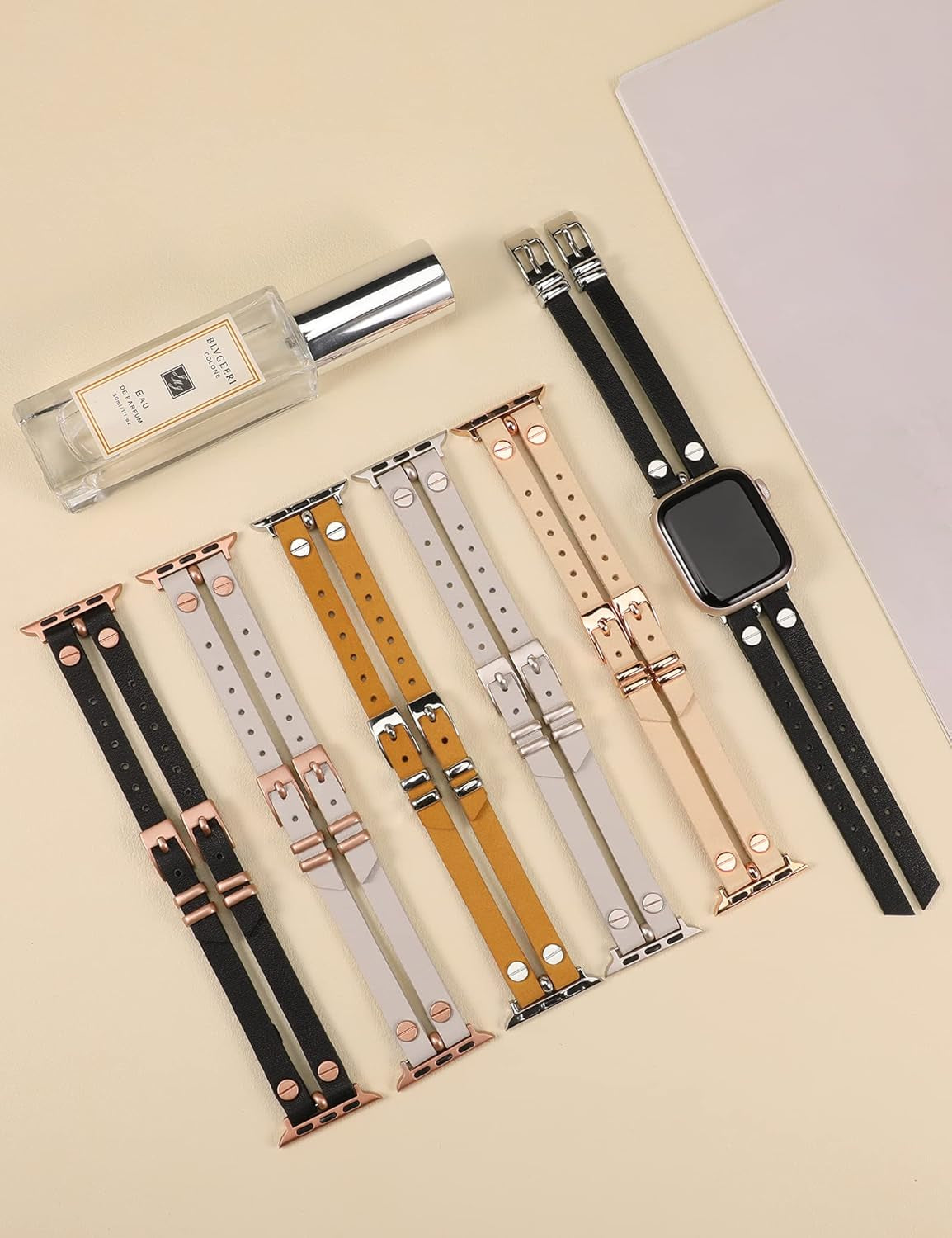 Leather Bands Compatible with Apple Watch Band 38Mm 40Mm 41Mm 42Mm 44Mm 45Mm 49Mm Women, Double-Row Design with Rivets Decoration Strap for Iwatch Series Se/Ultra2/Ultra/9/8/7/6/5/4/3/2/1