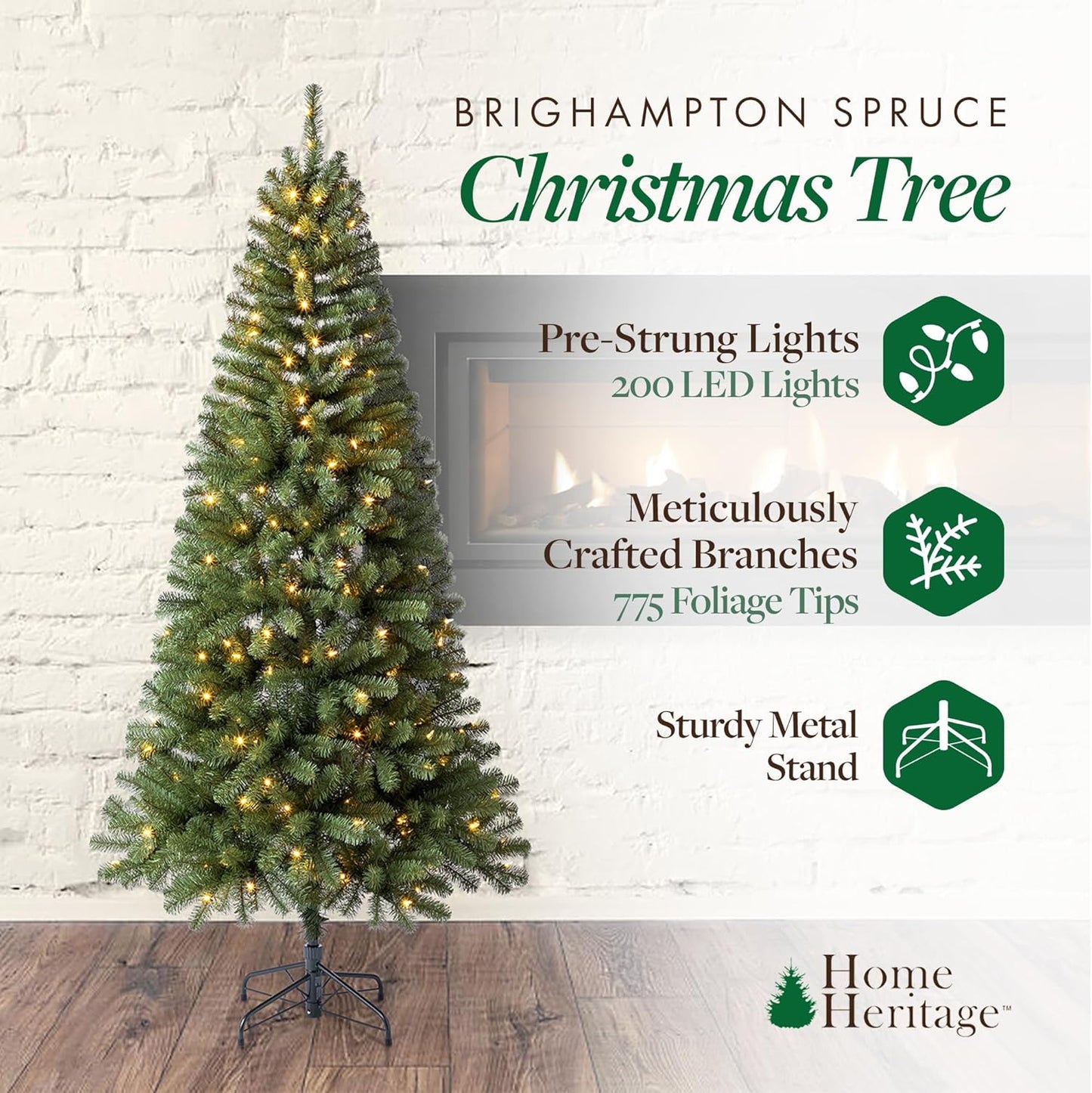 7 Foot Brighampton Spruce Artificial Christmas Tree with Warm White LED Lights for Seasonal Decorations, Display, and Home Ornamentals