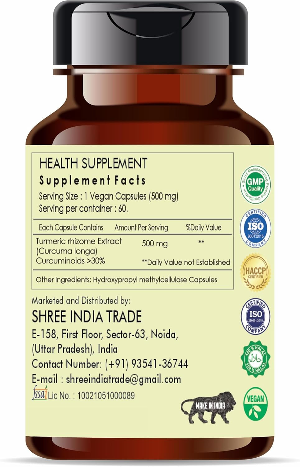 Turmeric Extract 500Mg - 60 Vegetarian Capsules | Haldi Extract | Curcuma Longa | All Natural | 100% Vegan | Gluten-Free | GMP Certified. TLBH