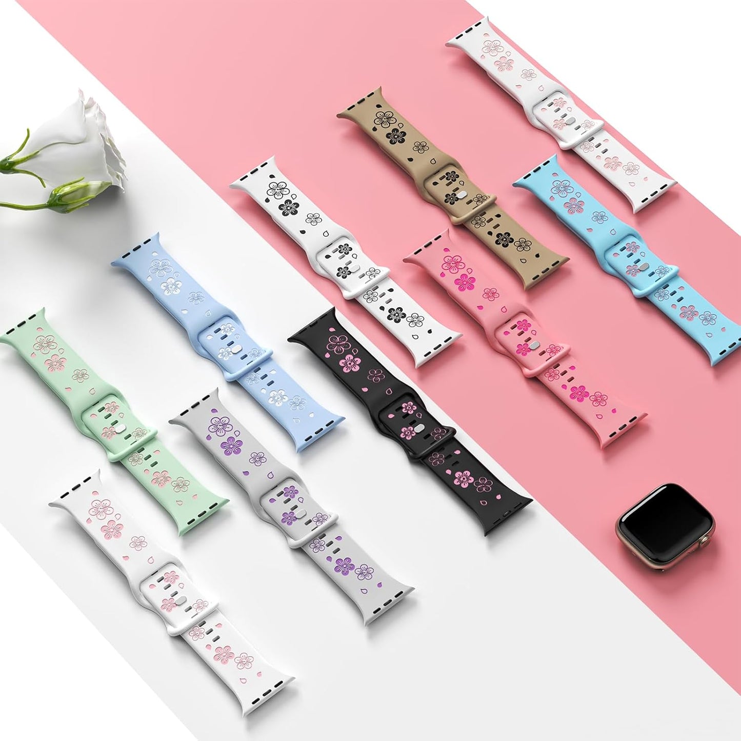 Floral Engraved Bands Compatible with Apple Watch 38Mm 40Mm 41Mm 42Mm 44Mm 45Mm 46Mm 49Mm for Women,Two-Tone Cute Flower Soft Silicone Sport Strap for Iwatch Ultra Series 10 9 8 7 6 5 4 3 2 1 SE