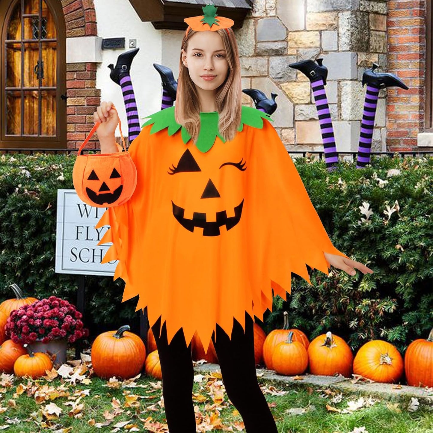 3 PCS Halloween Pumpkin Poncho for Women,Pumpkin Cape Costume with Headband and Candy Bag,Halloween Costume for Women Adults