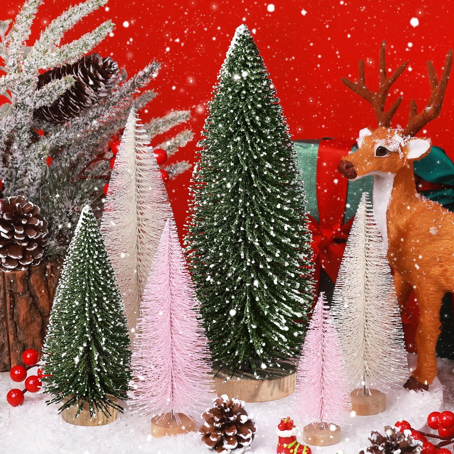 6Pcs Mini Christmas Trees Christmas Decor, Artificial Christmas Mini Bottle Brush Trees Tabletop, Christmas Decoration Trees with 4 Size Xmas Holiday Decor (6Pcs Green+Pink+Beige)