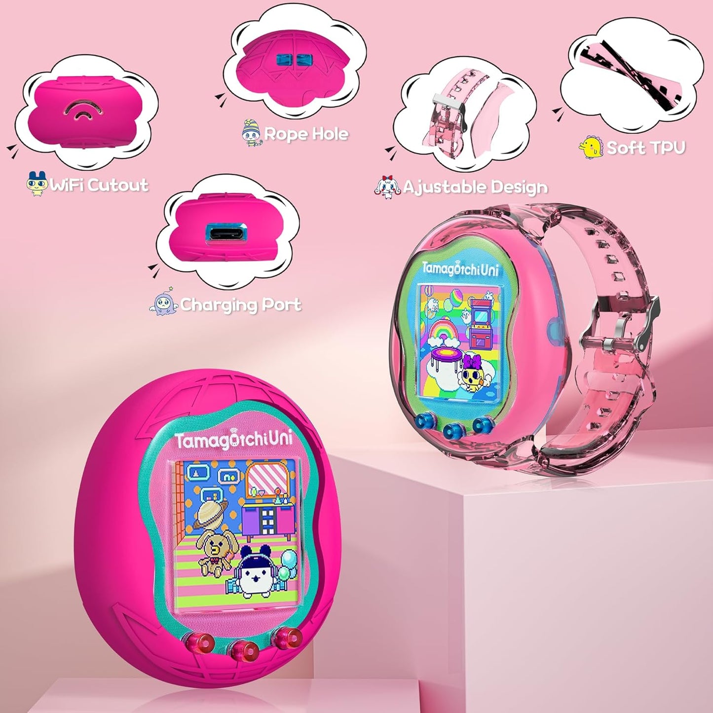 2 Pack Case for Tamagotchi Uni, Silicone Case + TPU Band Protective Cover for Tamagotchi Uni Interactive Virtual Pet Game Machine(Rose Red+Pink) ZOUSA