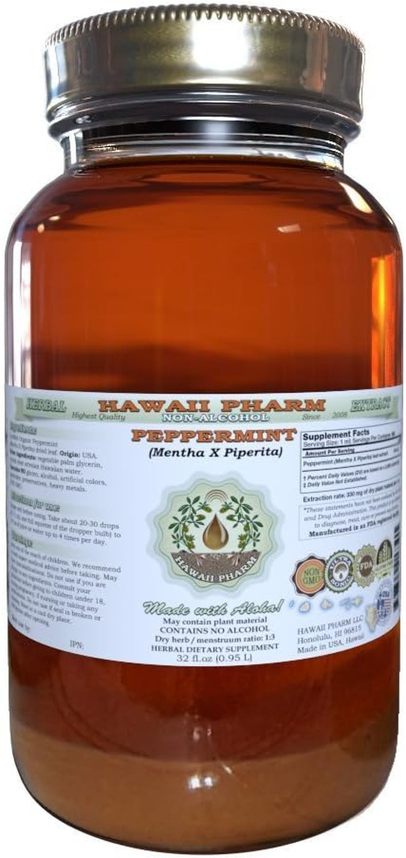 Peppermint Alcohol-Free Liquid Extract, Organic Peppermint (Mentha X Piperita) Dried Leaf Glycerite Natural Herbal Supplement, , USA 2 Fl.Oz TLBH