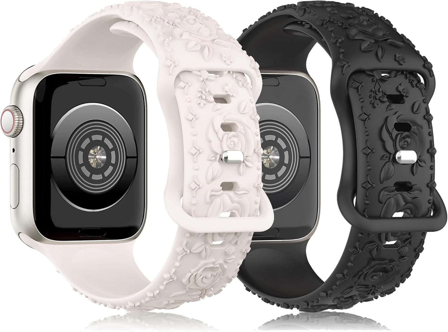 2 Pack Floral Silicone Band for Apple Watch Bands 41Mm 40Mm 42Mm(S10) 38Mm Iwatch Bands Series 10 9 8 7 SE 6 5 4 3 for Women, Cute Fancy Dressy Engraved Strap