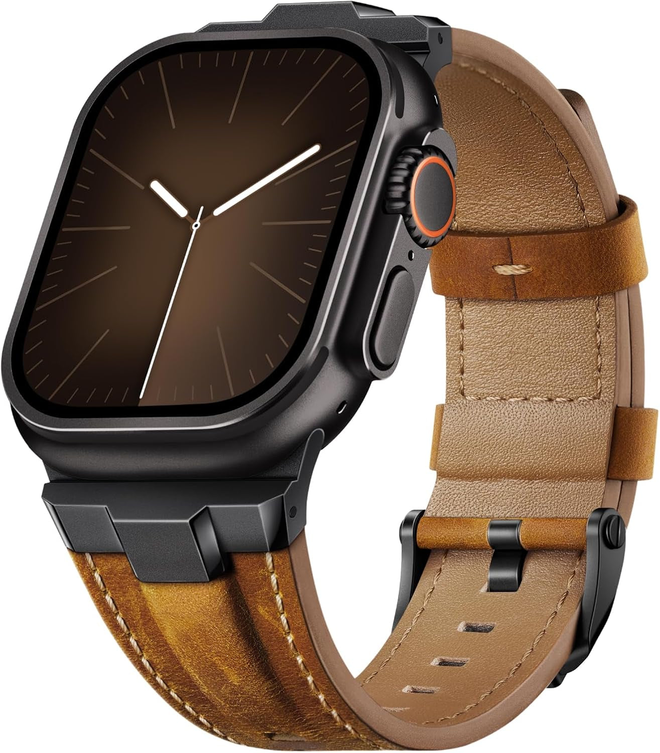Leather Bands Compatible for Apple Watch Ultra Band 49Mm 46Mm 45Mm 44Mm 42Mm, Genuine Leather Rugged Durable Matel Connector Replacement Strap for Women Men Iwatch Ultra 10 9 8 7 6 5 4 3 SE