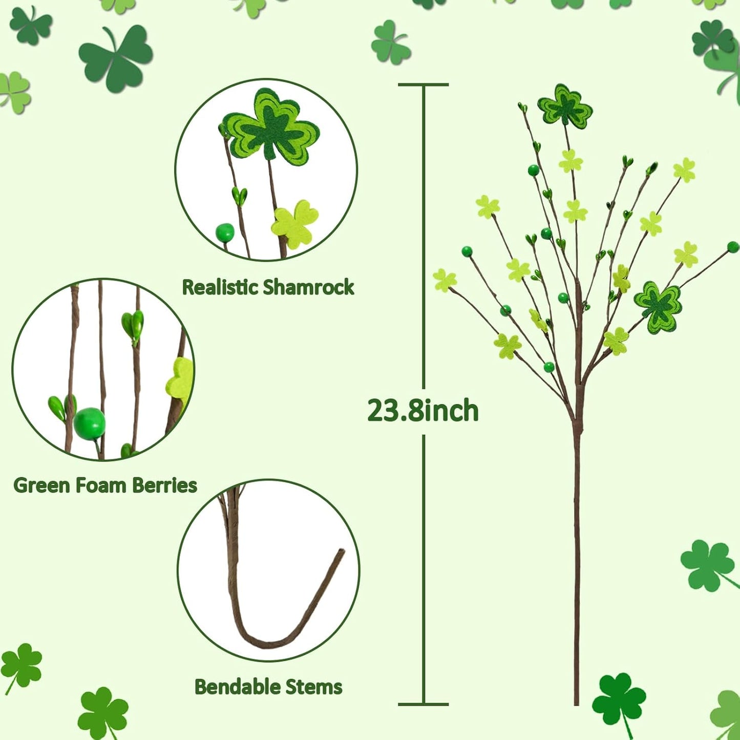 6Pcs St Patricks Day Decorations, 23.8" Artificial Shamrock Picks Fake Green Berry Stems Clover Flower Floral Branches for Home Party Table Centerpiece St. Patrick'S Day Decor