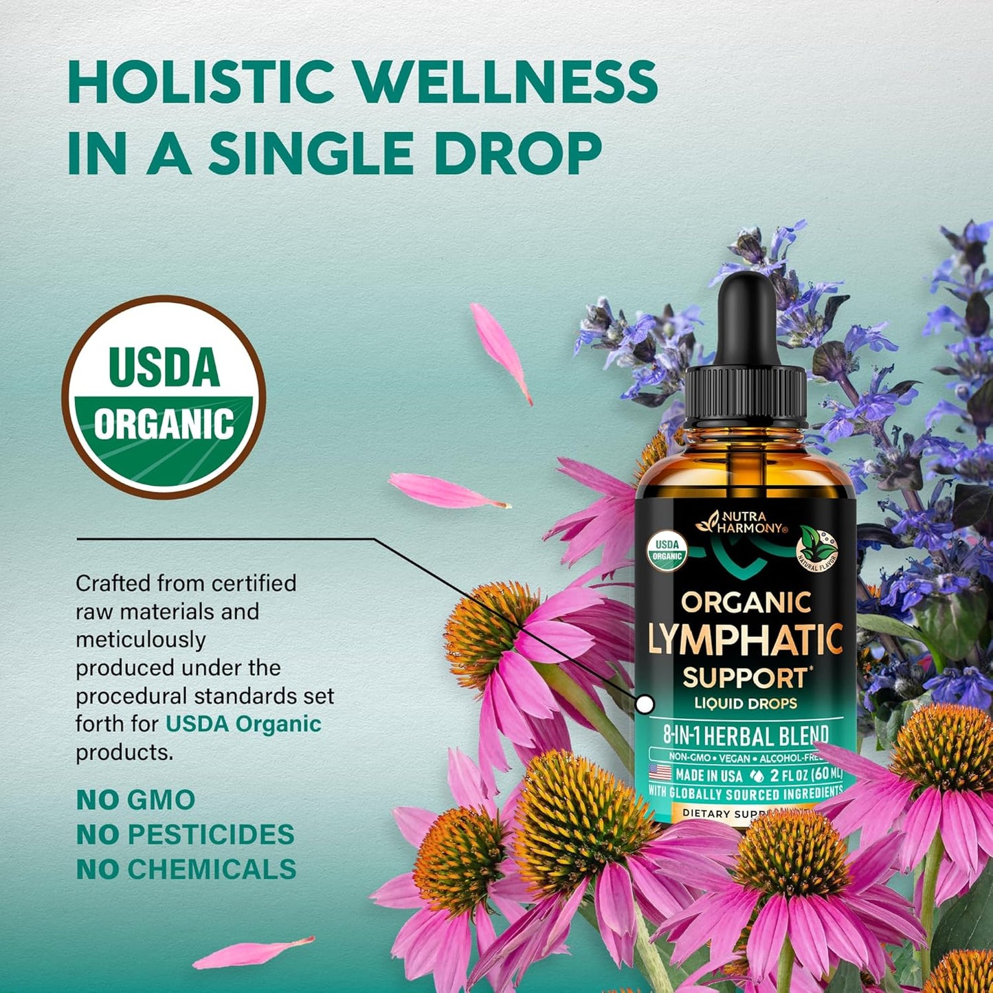 USDA Organic Lymphatic Drainage Supplement - Echinacea | Elderberry | Dandelion | Rosehip | Cleavers | Calendula | Burdock - Made in USA - Lymph System Drops - Immune Support, Cleanse & Detox, 2 Fl Oz TLBH