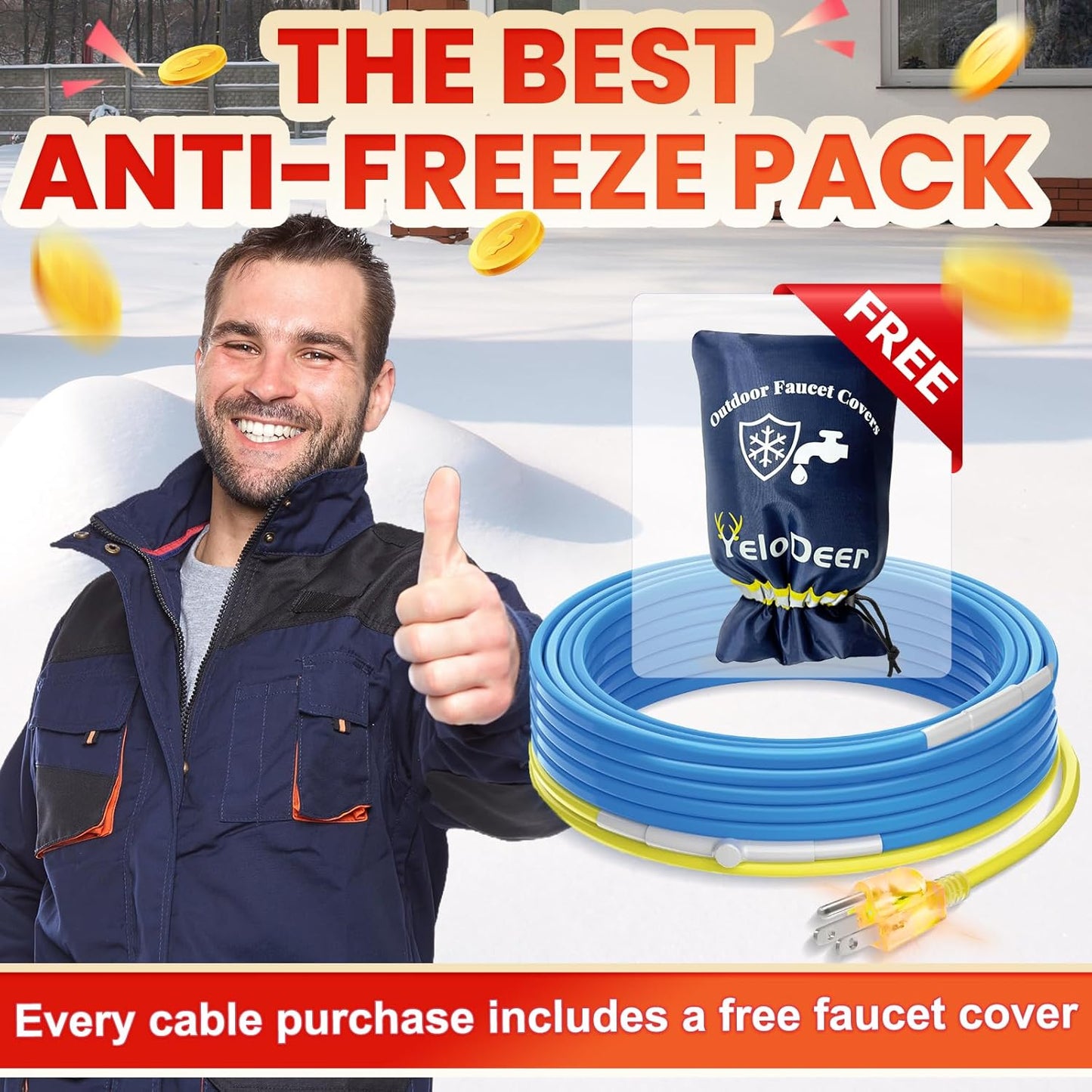 120 V Electric Pipe Heat Tape Kit for Pipe Freeze Protection 2 Feet, Heat Trace for Water Pipes Kit Paired with 7.3"W X 10.8"H Larger Size Outdoor Faucet Spigot Pipe Covers