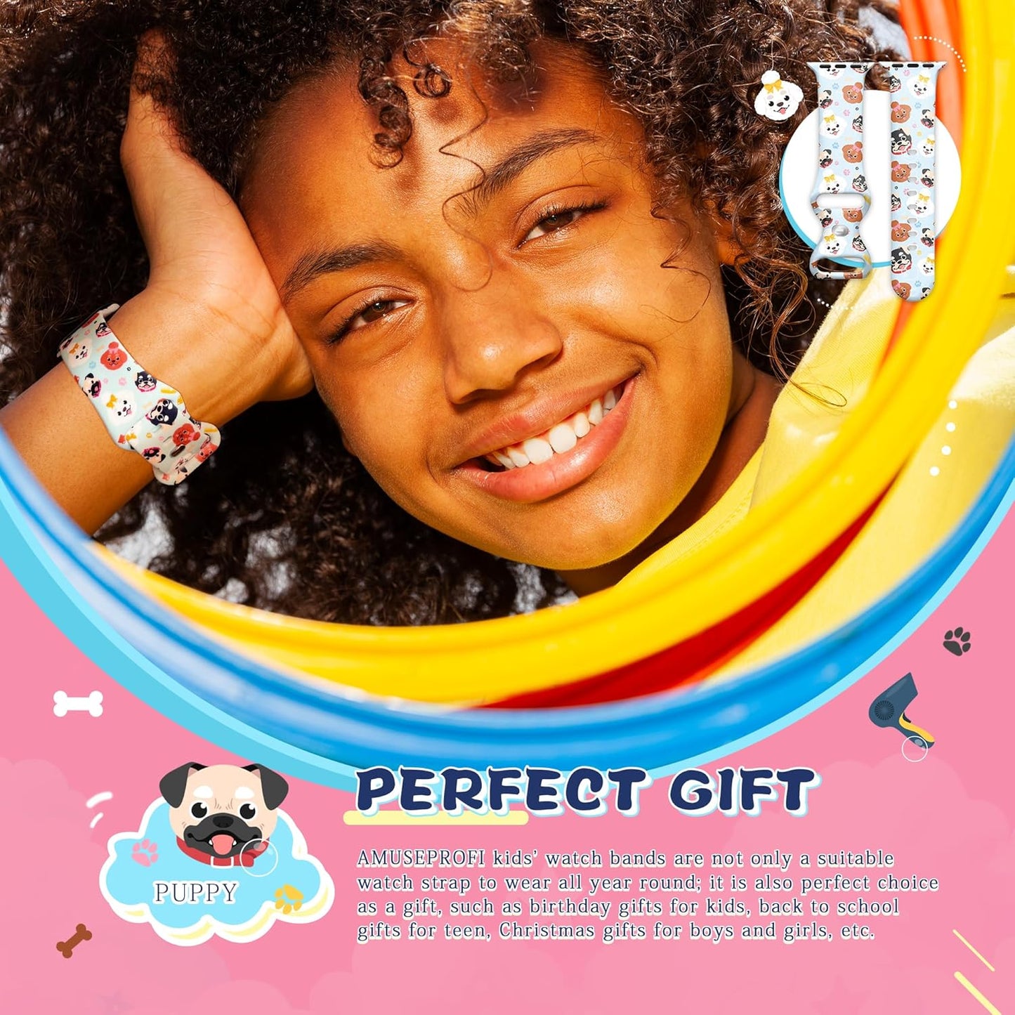 Kids Watch Band Compatible Apple Watch Bands for Kids, Iwatch Bands Compatible for Apple Watch Band for Kids, Cute Design Iwatch Bands for Kids Soft Silicone Watch Bands for Boys Girls