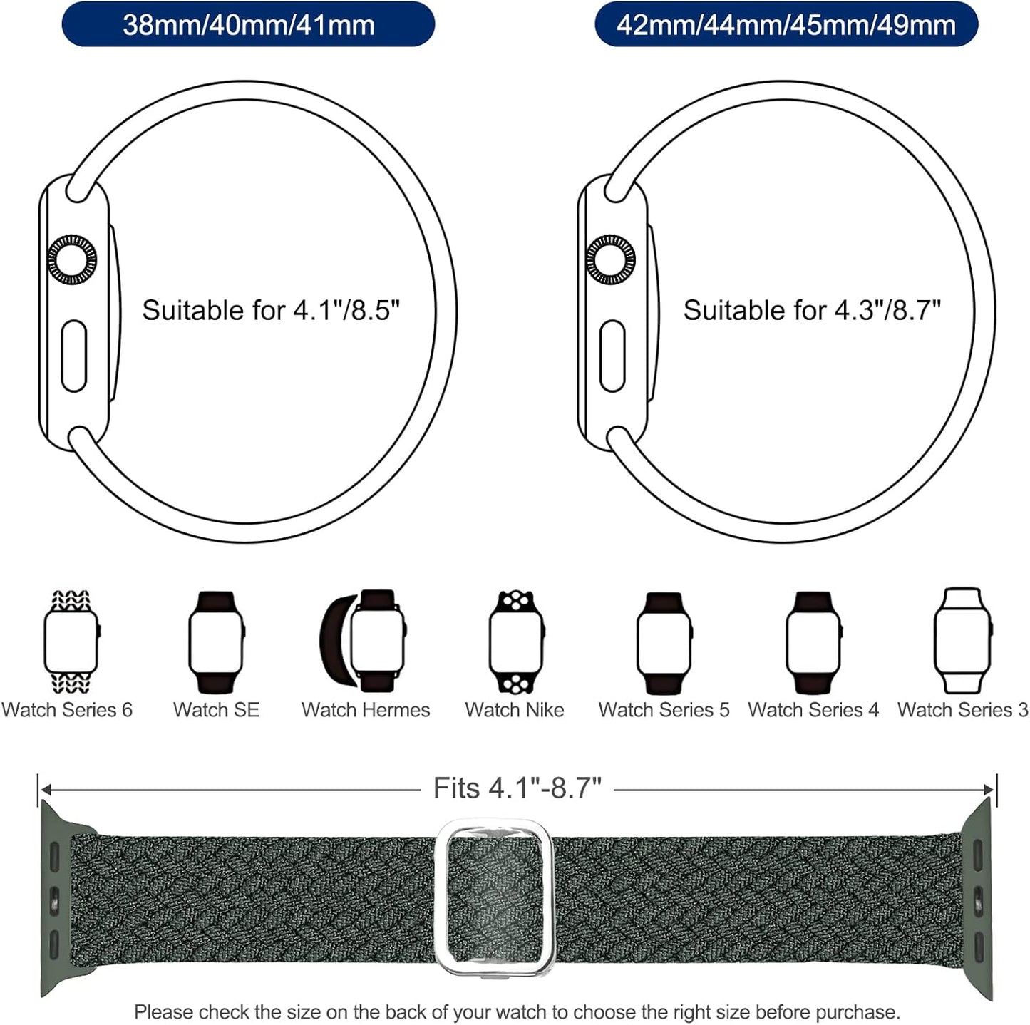 Stretchy Solo Loop Compatible with Apple Watch Band 38Mm 40Mm 41Mm 42Mm 44Mm 45Mm 49Mm, Adjustable Nylon Braided Elastic Sport Straps Womens Men Wristbands for Iwatch Series 8 7 6 5 4 3 2 1 SE Ultra, Elastic Sport Wristbands (42/44/45/49Mm, Dark Green)