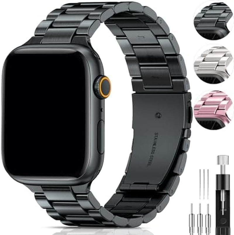 Compatible with Apple Watch Band 49Mm 45Mm 44Mm 42Mm for Men Women, Stainless Steel Metal Watch Bands for Iwatch SE2 SE Series 9 8 7 6 5 4 3 2 1 Midnight Black
