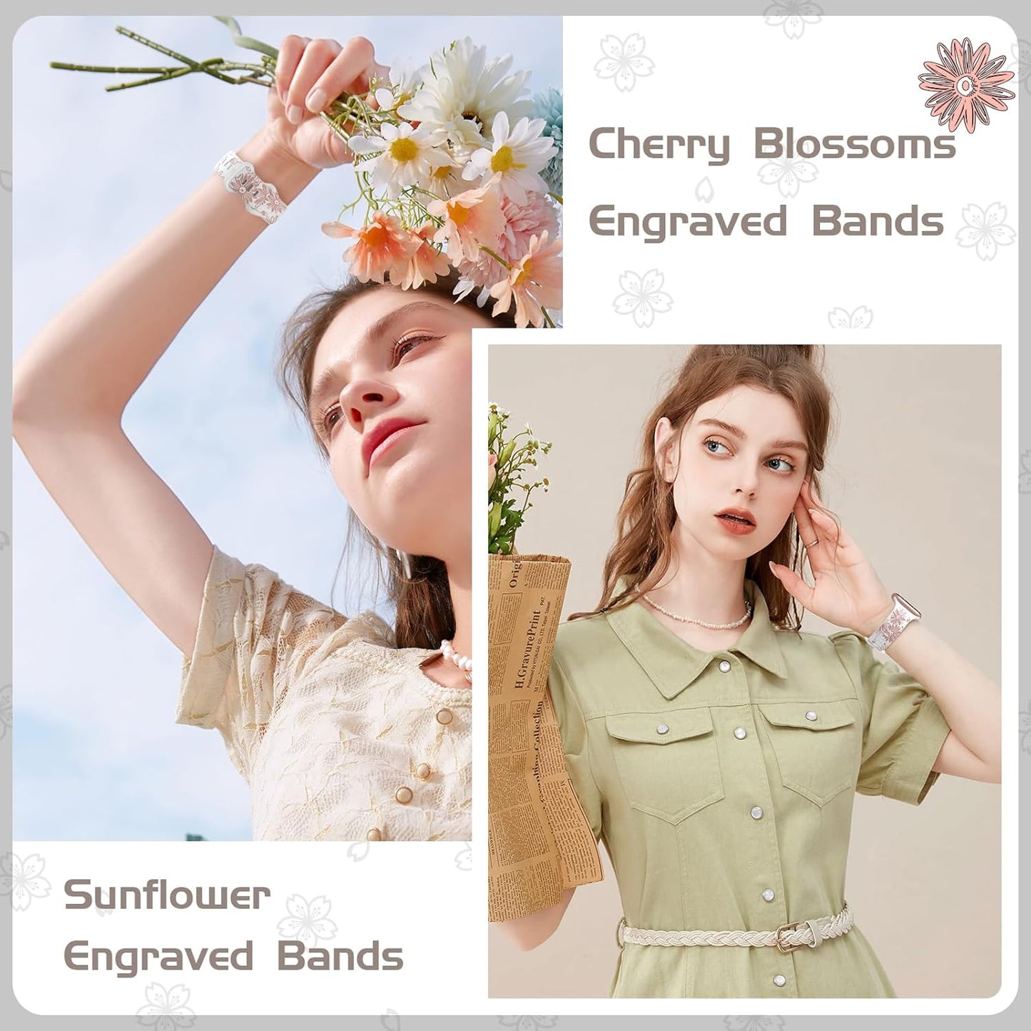 Designer Floral Engraved Band Compatible with Apple Watch Bands 40Mm 38Mm 41Mm 42/44/45/49Mm,Two-Tone Flower Soft Silicone Sport Strap for Iwatch Series 9 Ultra SE 8 7 6 5 4 3 2 Girl Pink