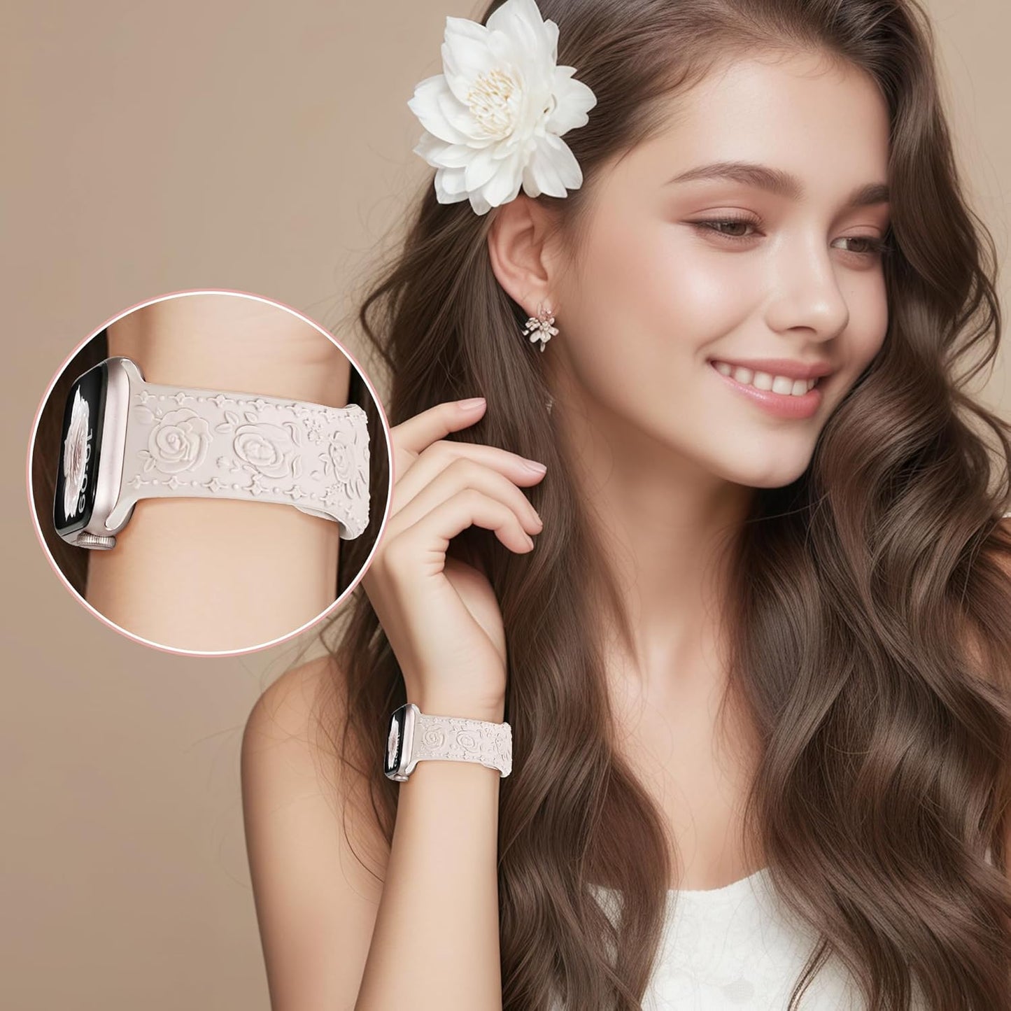 2 Pack Floral Silicone Band for Apple Watch Bands 46Mm 45Mm 44Mm 42Mm(S3) Iwatch Bands Series 10 9 8 7 SE 6 5 4 3 for Women, Cute Fancy Dressy Engraved Strap