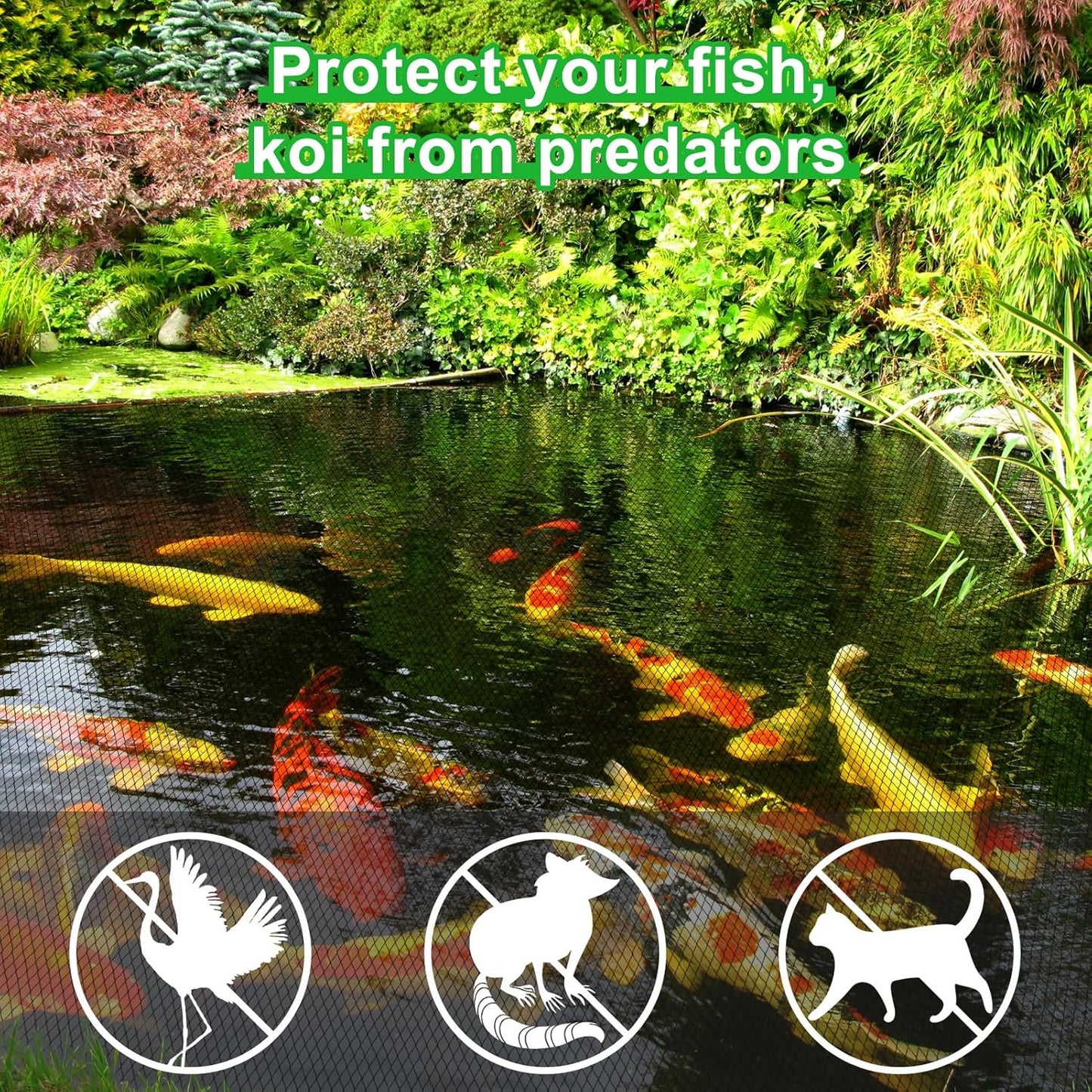 Pond Netting Kit, 15 X 20 Feet Pond Covers for Outdoor Fish Ponds,Pond Net Floating Guard Protect Fish Koi from Birds Cats, Herons,30G/㎡ Mesh Leaves Catcher(20Pcs Stakes Included)