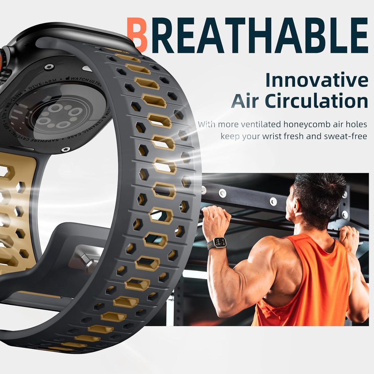 Earthy Yellow/Anthracite 26MM Width Breathable Silicone Sport Band Compatible with 49Mm Apple Watch Ultra 2/1, 46Mm Series 10, 45Mm Series 9 8 7, 44Mm Series 6 5 4 SE 2/1, 42Mm Series 3 2 1