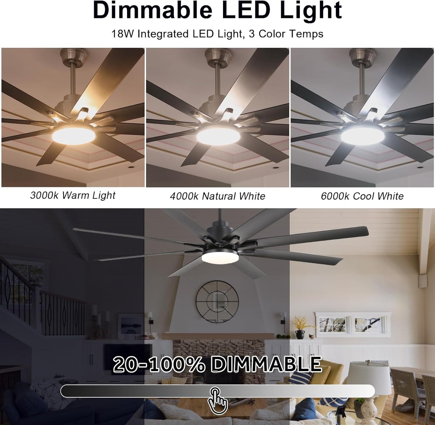 66 Inch Black Ceiling Fans with Lights and Remote, Indoor Outdoor Mordern Smart Ceiling Fan with Reversible Quiet DC Motor, 6 Speed, 8 Blades for Living Room Bedroom Patios Balcony