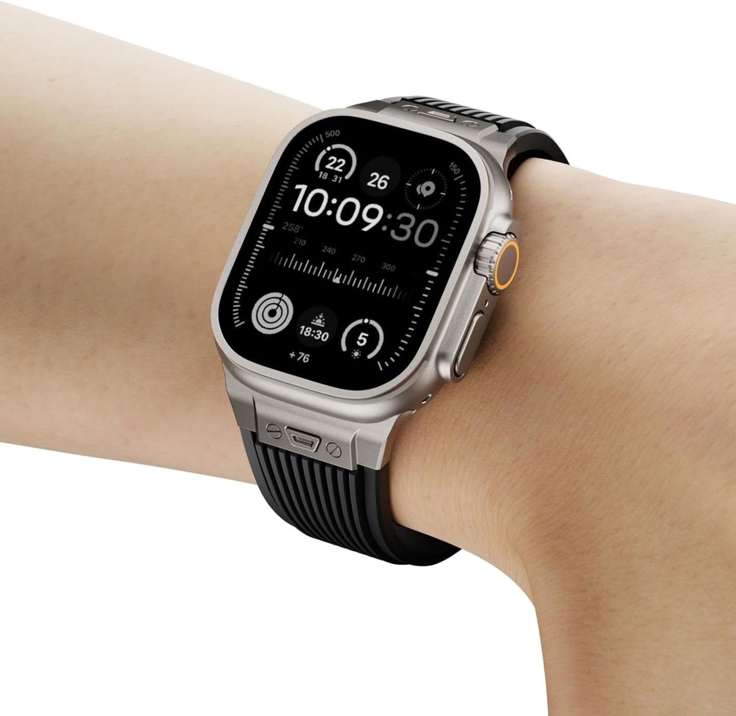 Watch Band for Apple Watch Ultra 2 Band 49Mm 45Mm 44Mm 42Mm, Men Luxury Rugged Silicone Rubber Strap with Metal Connector & Folding Clasp for Iwatch Ultra Series 9 8 7 6 5 4 3 2 1 SE