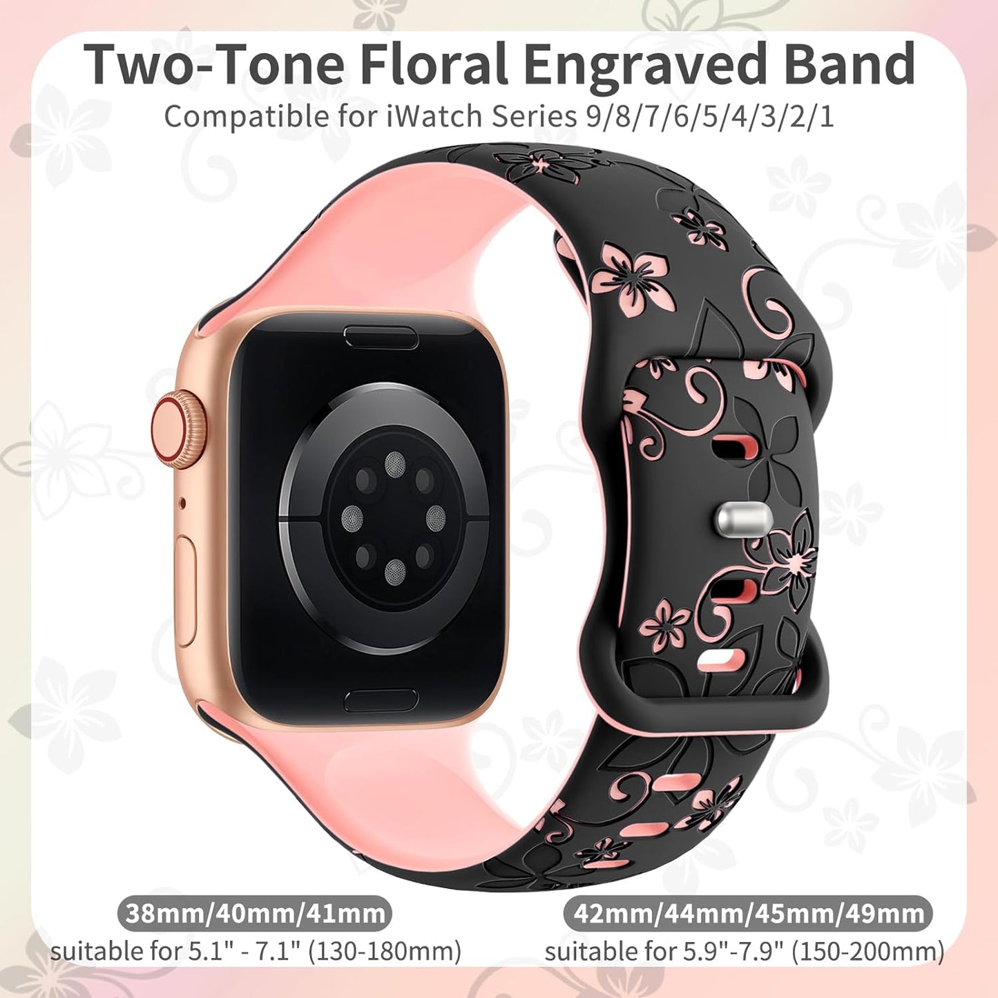 Floral Engraved Bands Compatible with Apple Watch Band 41Mm 40Mm 44Mm 45Mm 42Mm 38Mm 49Mm for Women,Cute Flower Iwatch Bands Soft Silicone Sport Strap for Iwatch Series SE 9 8 7 6 5 4 3 2 1 Ultra