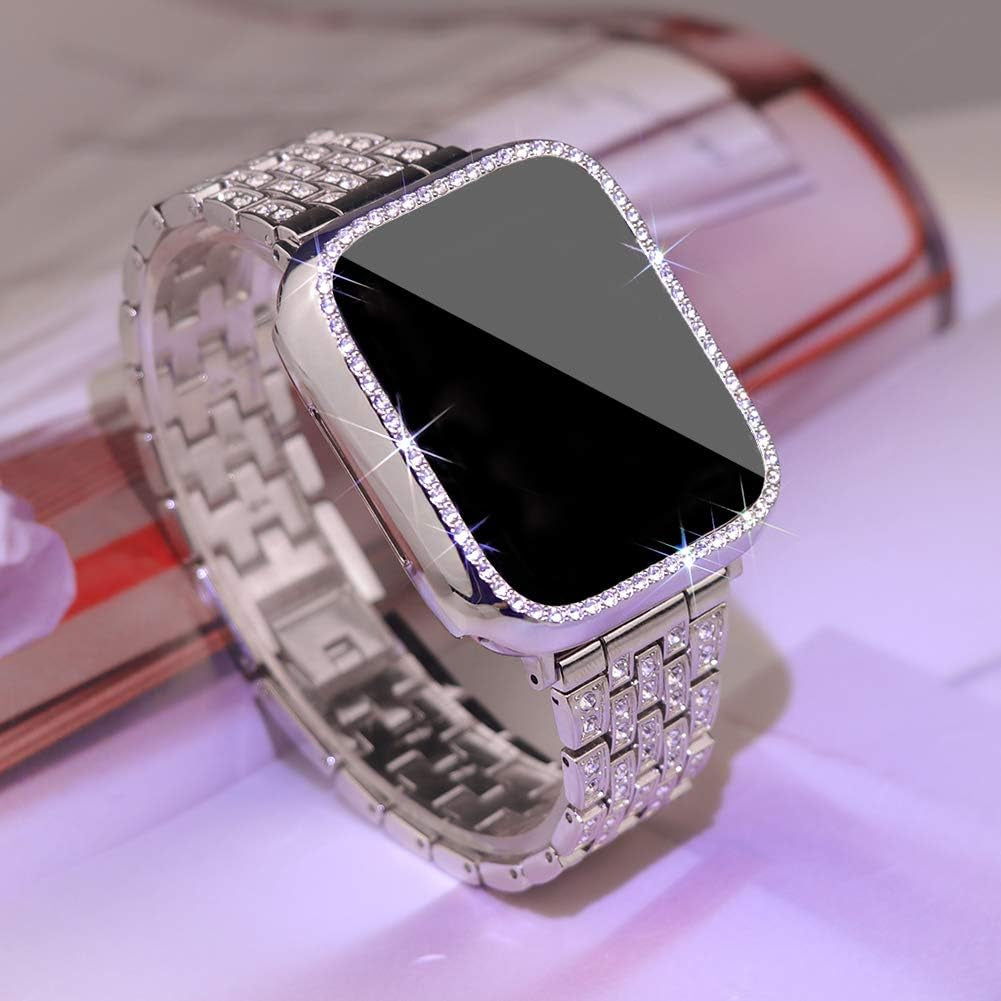 Compatible with Apple Watch Band 38Mm 40Mm 41Mm 42Mm 44Mm 45Mm 49Mm+ Case, Women Jewelry Bling Diamond Rhinestone Replacement Metal Strap& 2 Pack PC Protector Case for Iwatch Ultra 2/ Ultra Series 9/8/7/6/5/4/3/2/1/SE