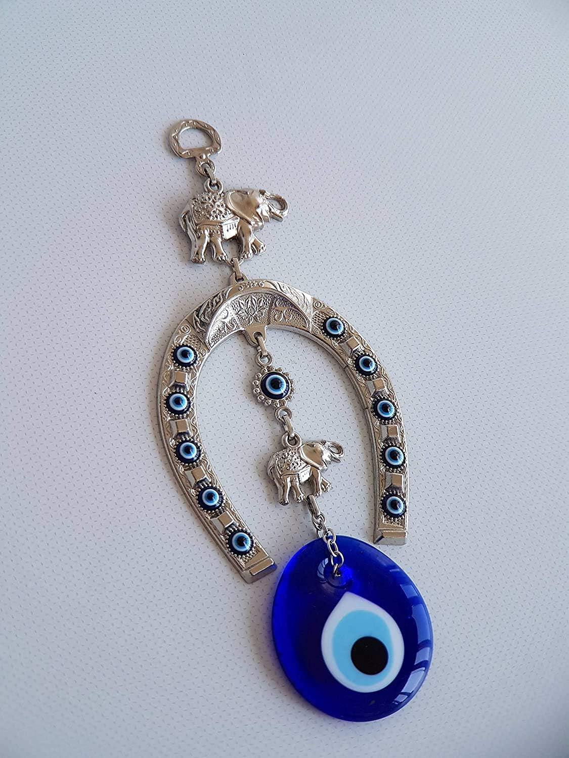 Turkish Silver Horse Shoe Blue Evil Eye Wall Hanging Ornament with Elephant - Turkish Nazar Bead Amulet – Home Protection and Good Luck Charm Gift in a Box