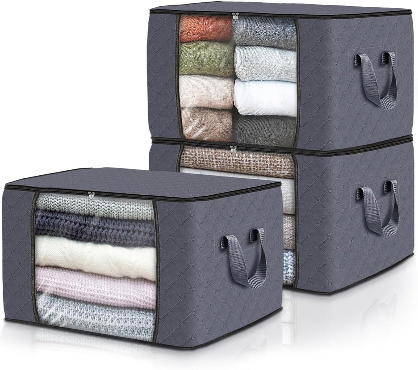 6 Pack Clothes Storage, Foldable Thick Fabric Blanket Storage Bags, Storage Containers for Organizing Bedroom, Closet, Clothing, Comforter, Organization and Storage with Handle,Grey