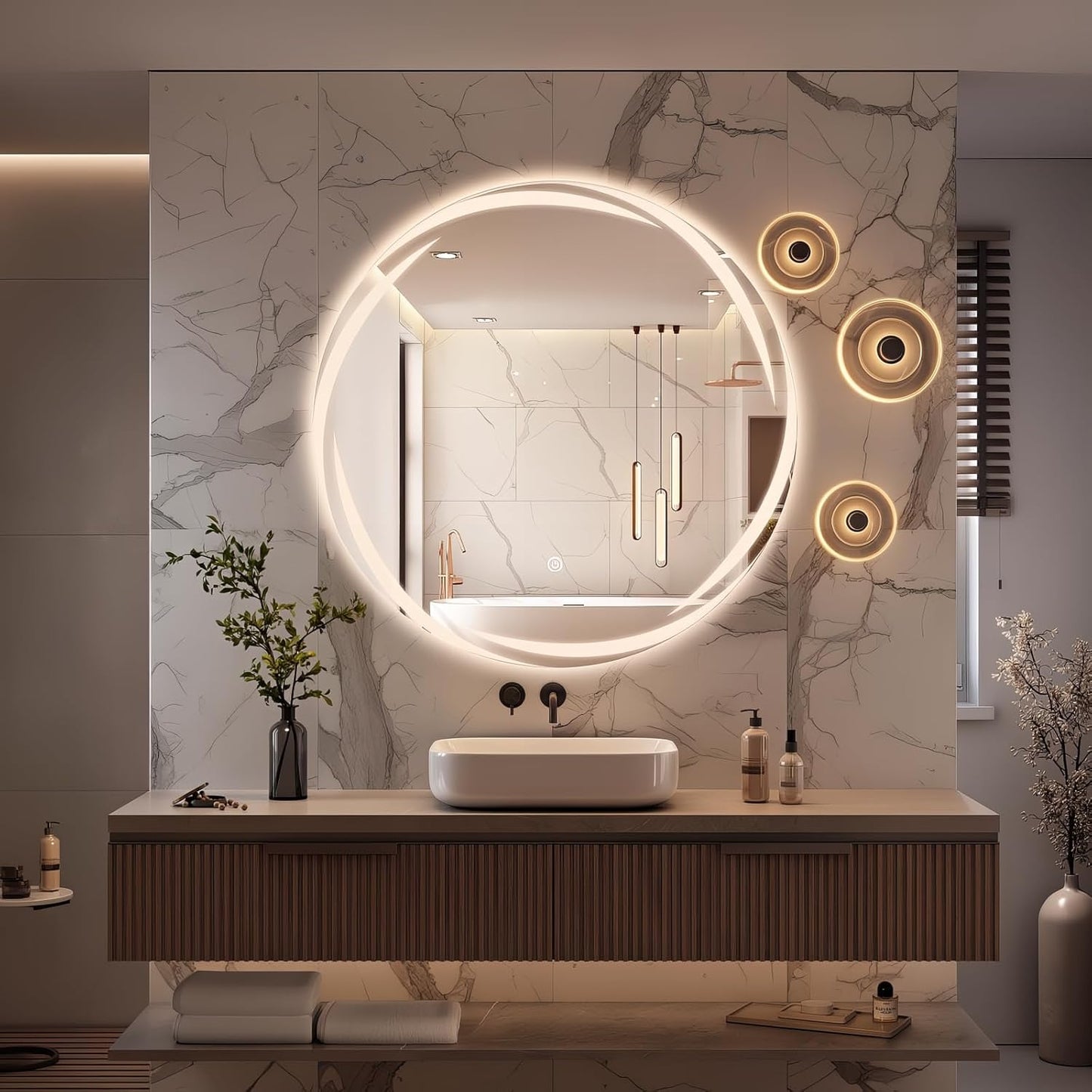 24" round LED Mirror for Bathroom with Front Light and Backlit, Stepless Dimmable Vanity Mirror with Lights, Frameless anti Fog Smart Mirror Wall Mounted, IP65 Waterproof, Shatter-Proof