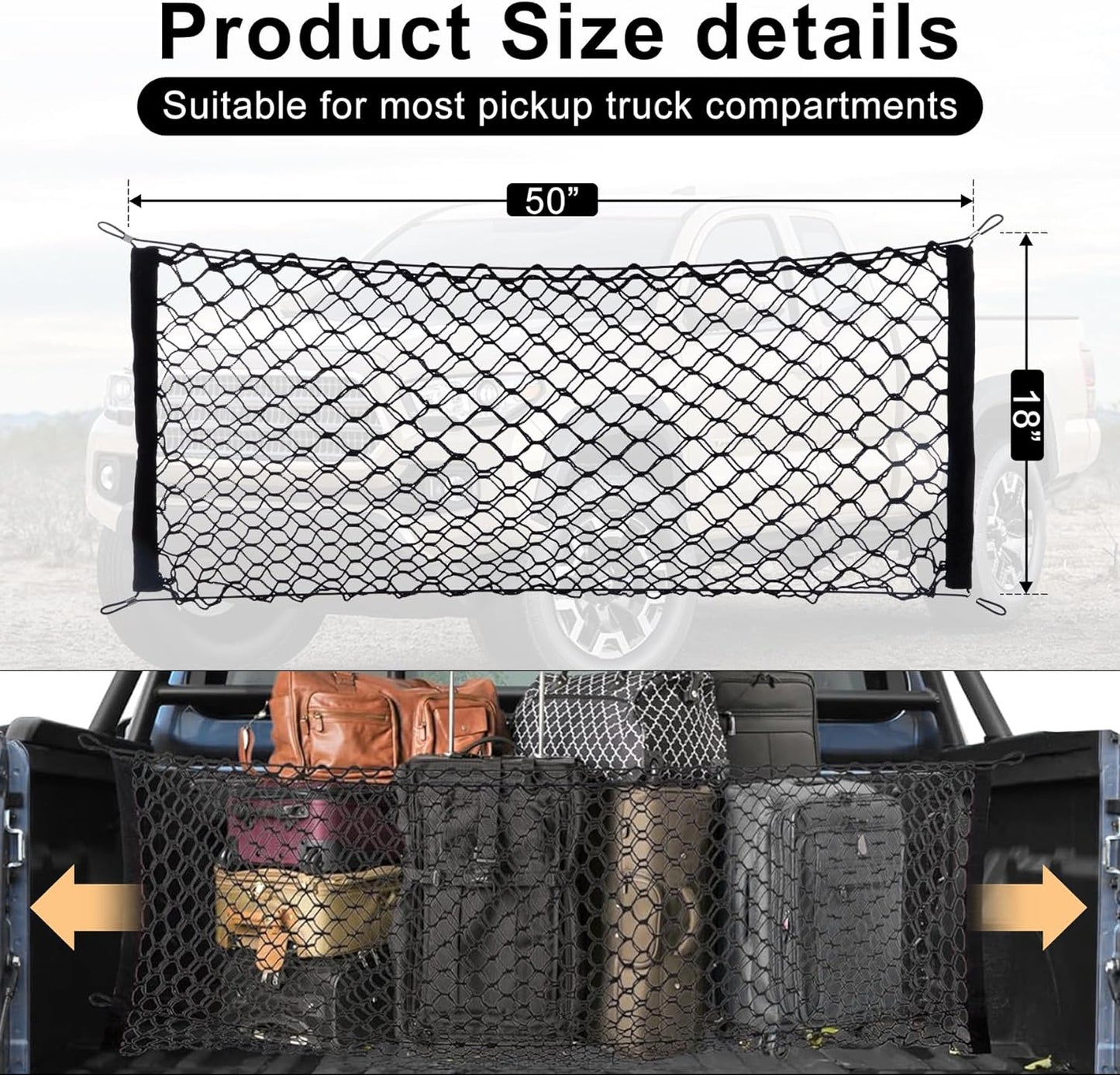 Truck Bed Cargo Net Stretchable, Adjustable Trunk Storage Net with Hook, Accessories for Pickup Bed Divider Organizer and Storage, Compatible with Chevy Silverado Ford F150 GMC (50"X 18")